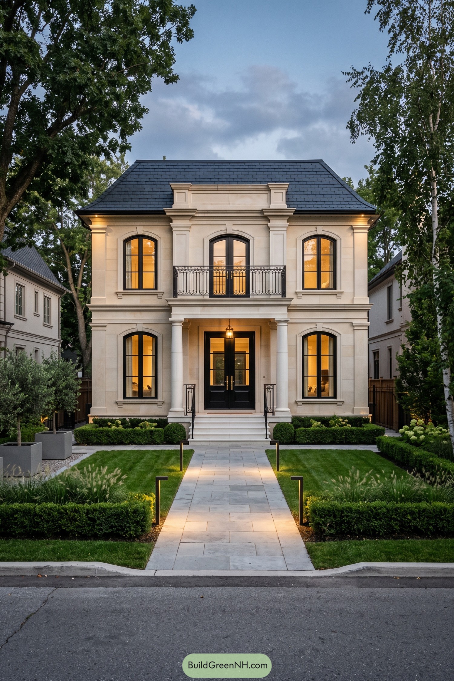 Cream classical villa with arched black windows, a wrought iron balcony, and clipped hedges bordering a stone path