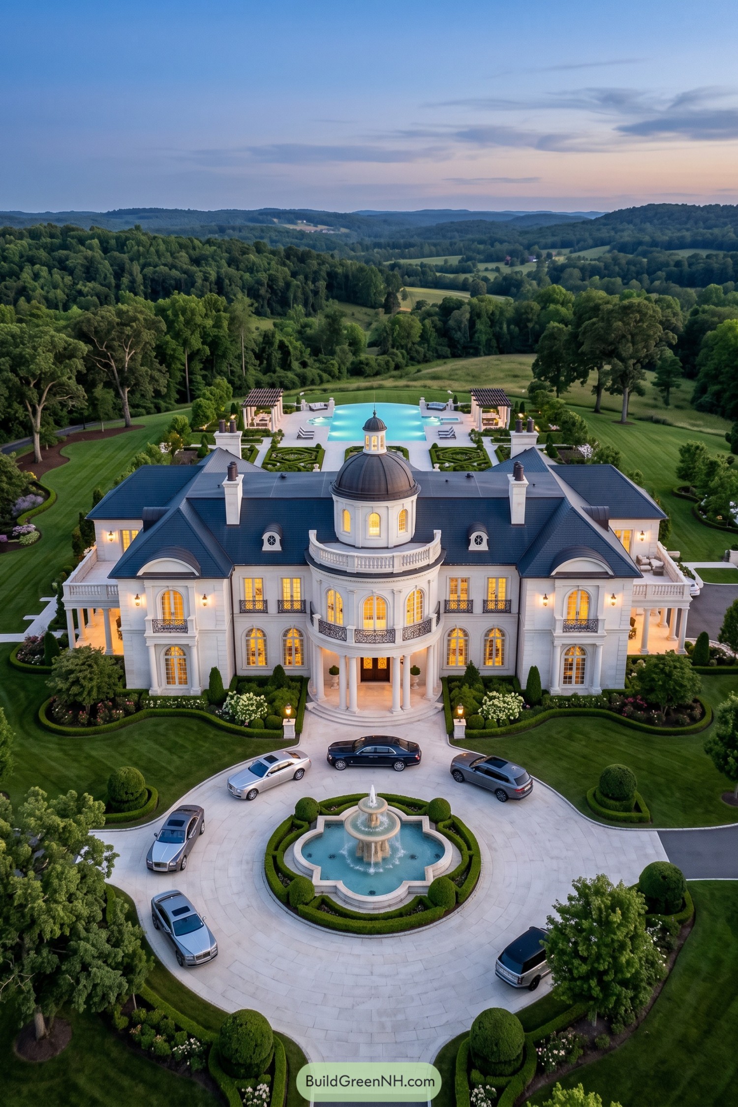 White classical villa with a central dome, columned entrance, circular fountain driveway, and formal gardens surrounding a rear pool