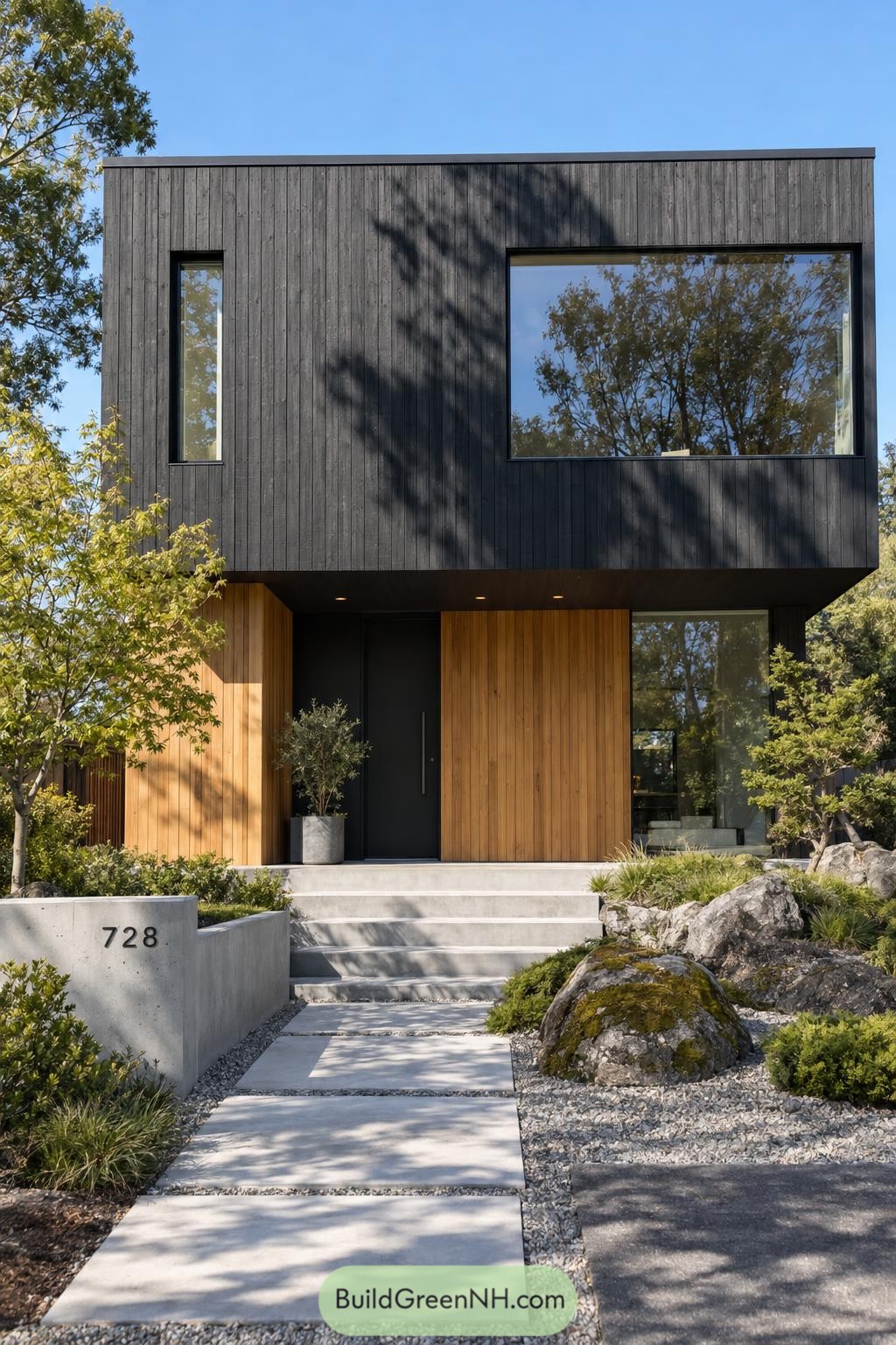 Modern wooden facade with dark upper cladding, a golden timber entrance, large windows, and landscaped concrete steps