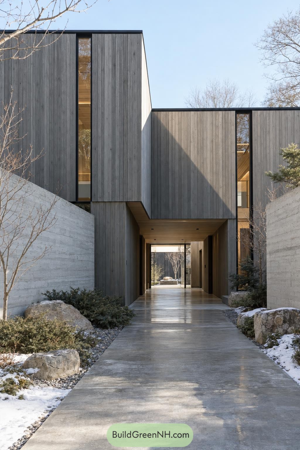 Gray vertical timber cladding and narrow windows frame a covered entrance between concrete walls and rock gardens