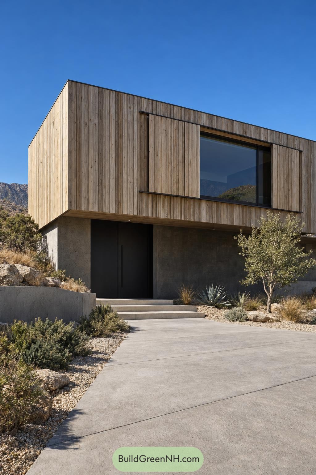 Modern home with vertical timber cladding, sliding wooden shutters, a recessed concrete entrance, and dry garden planting