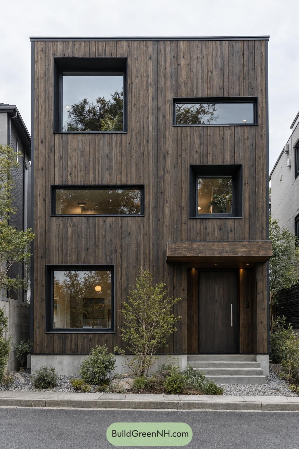 Three-storey wooden facade with staggered black-framed windows, a sheltered entrance and planted gravel frontage