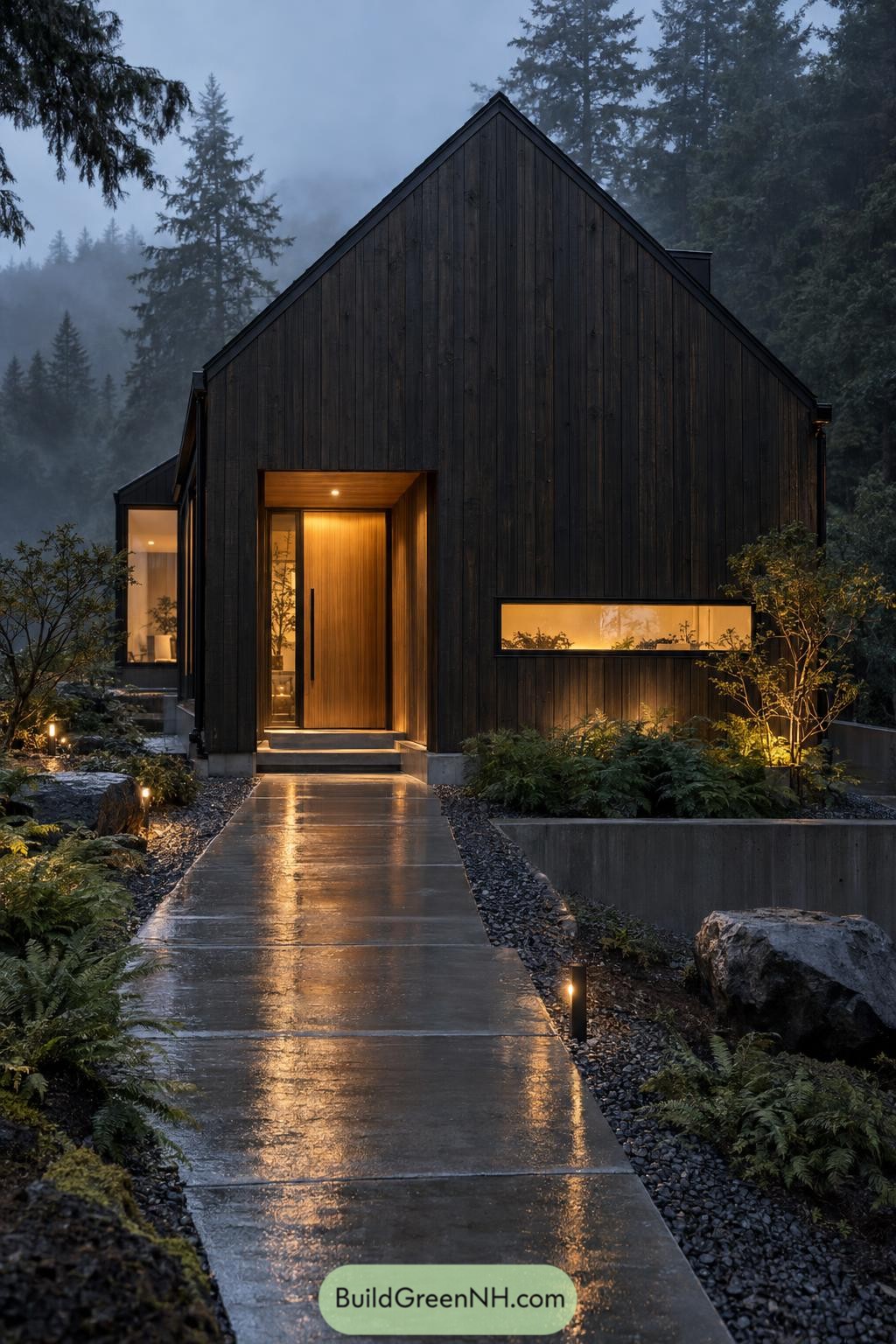 Dark timber house with a steep gable, recessed wooden entrance, narrow window and a concrete path through ferns