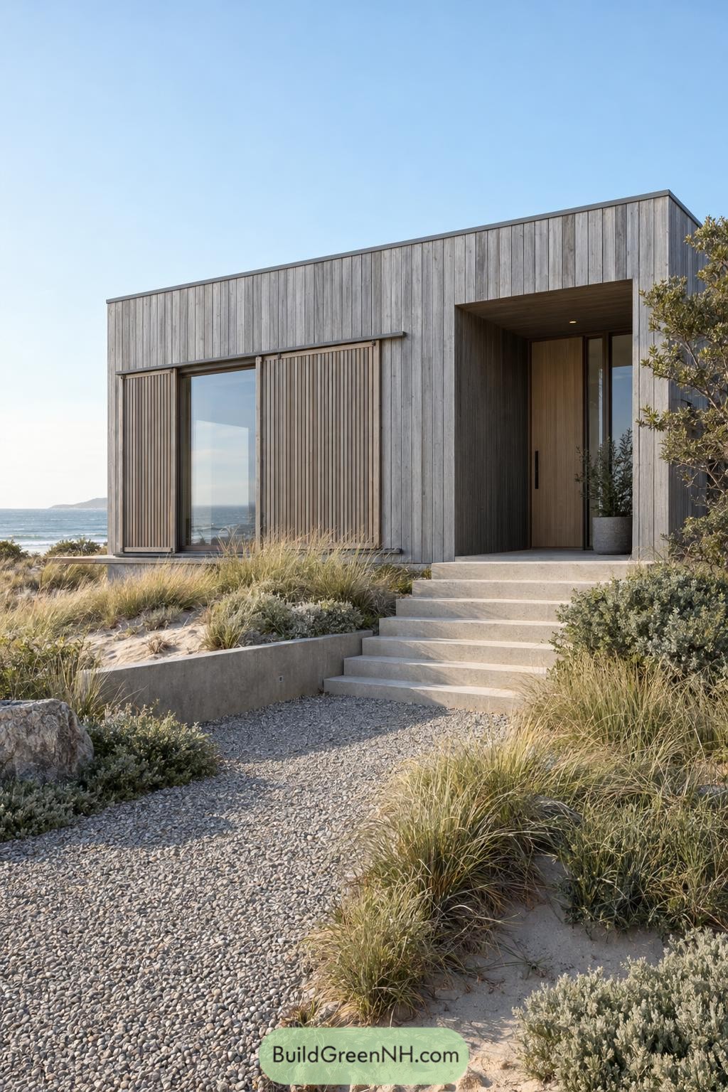 Coastal home with vertical timber cladding, slatted window screens, a recessed entrance and concrete steps among dune grasses