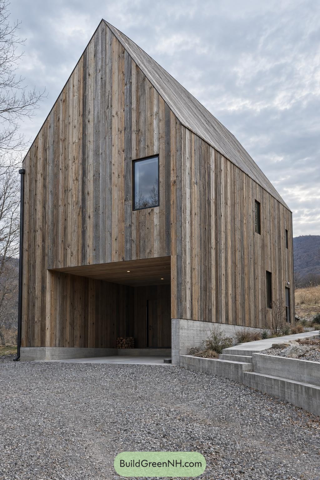 Tall wooden house with a steep pitched roof, recessed entrance, narrow windows, and concrete landscaping