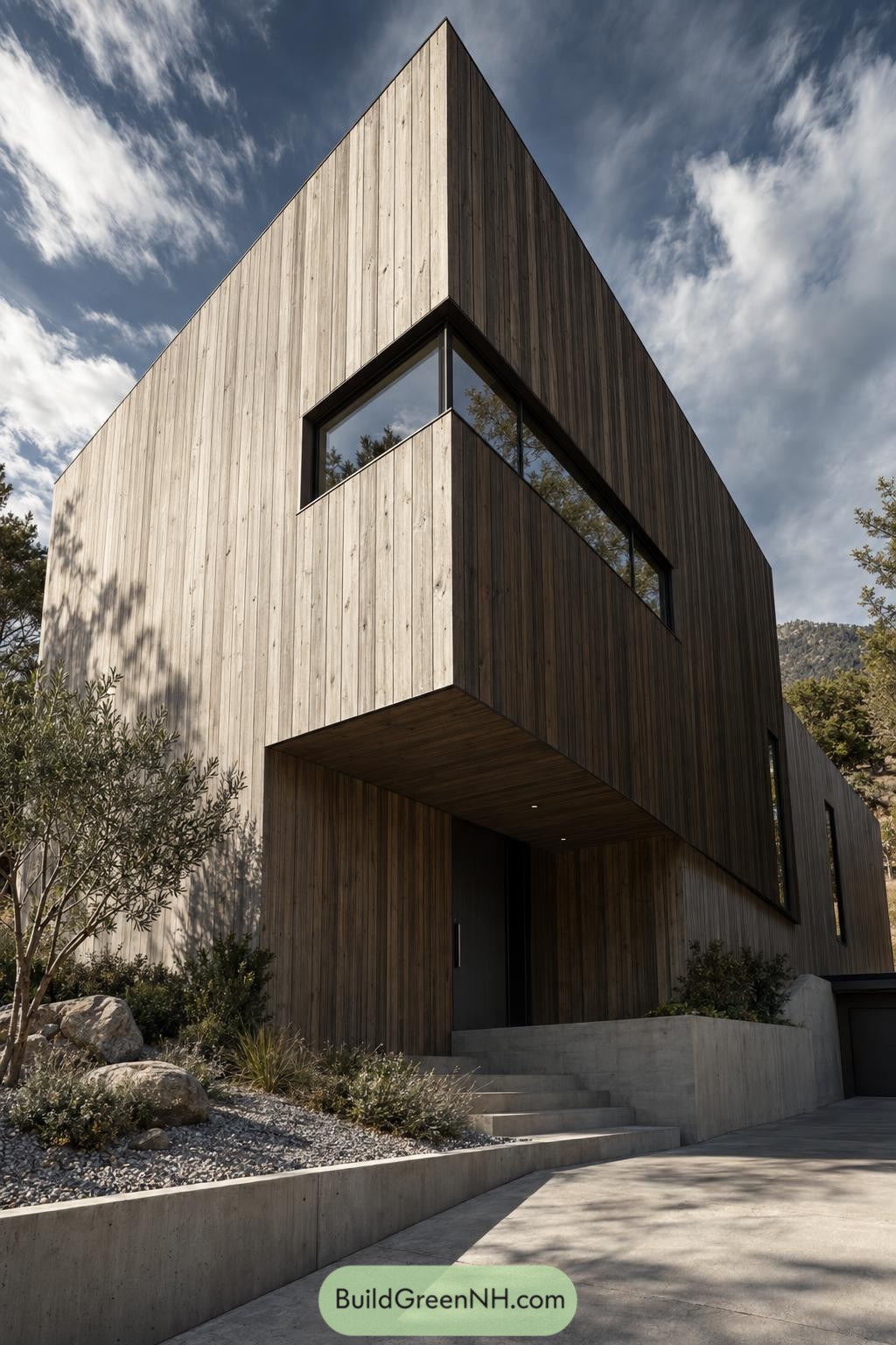 Modern timber facade with corner glazing above a recessed entrance and concrete steps bordered by rocky planting