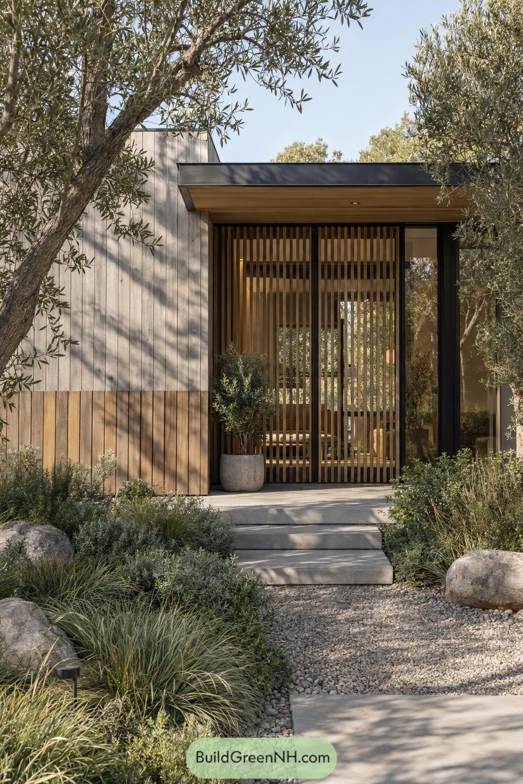 Modern timber entrance with vertical batten screens, a deep canopy, and concrete steps surrounded by olive trees
