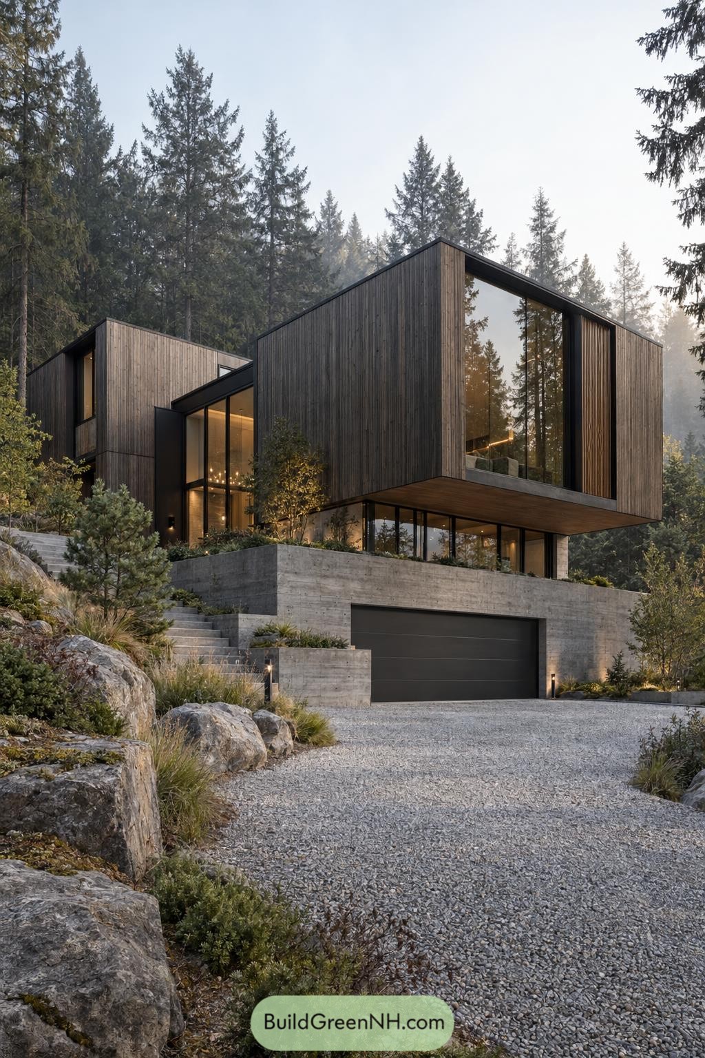 Wood clad forest home with a projecting upper floor, tall windows, and a concrete garage beneath landscaped steps