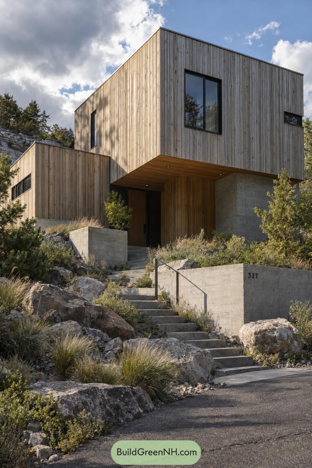 Modern home with vertical timber cladding, a sheltered entrance, and concrete steps winding through a rocky garden