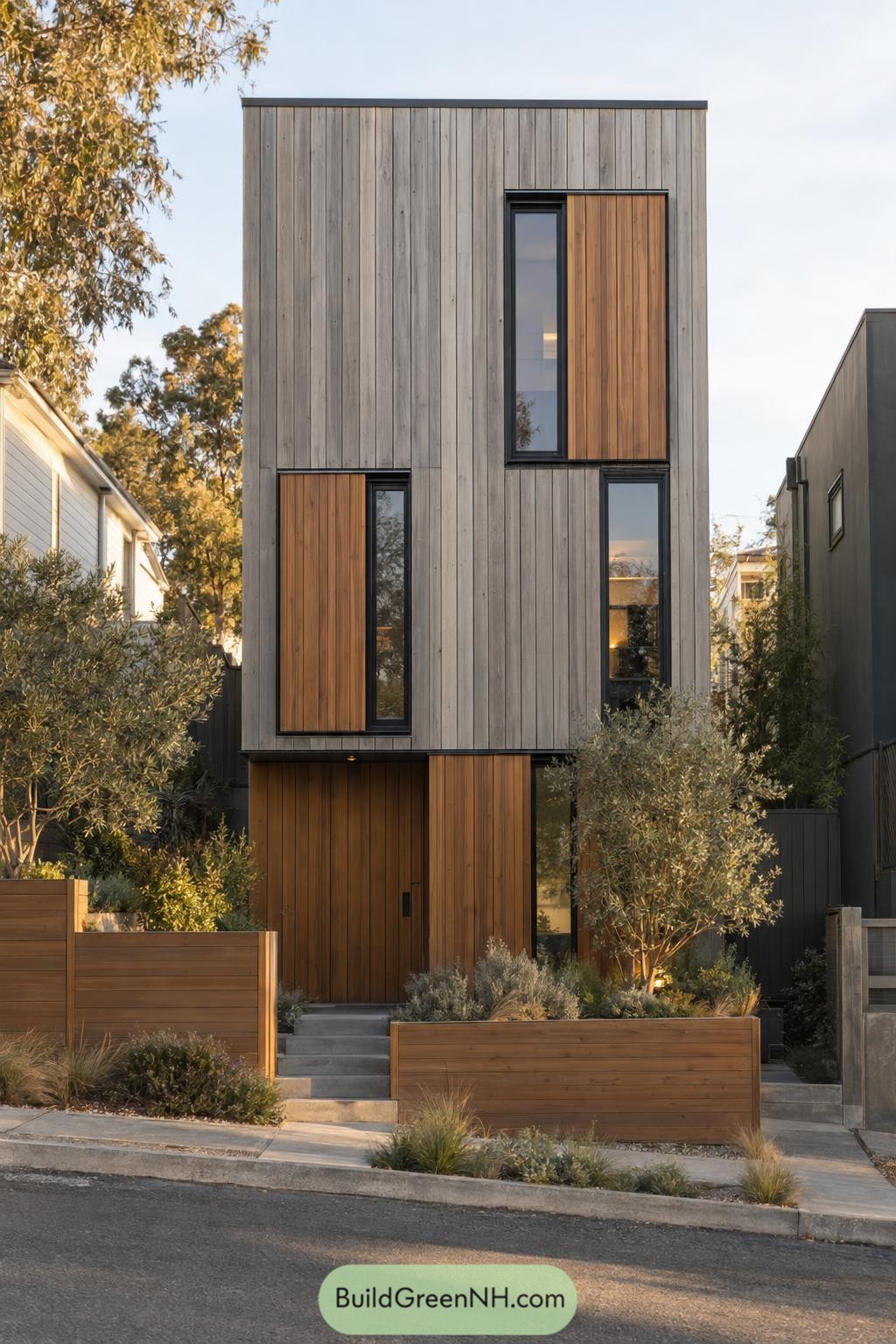 Narrow three storey home with grey timber cladding, warm wood panels, slim black windows and planted front terraces
