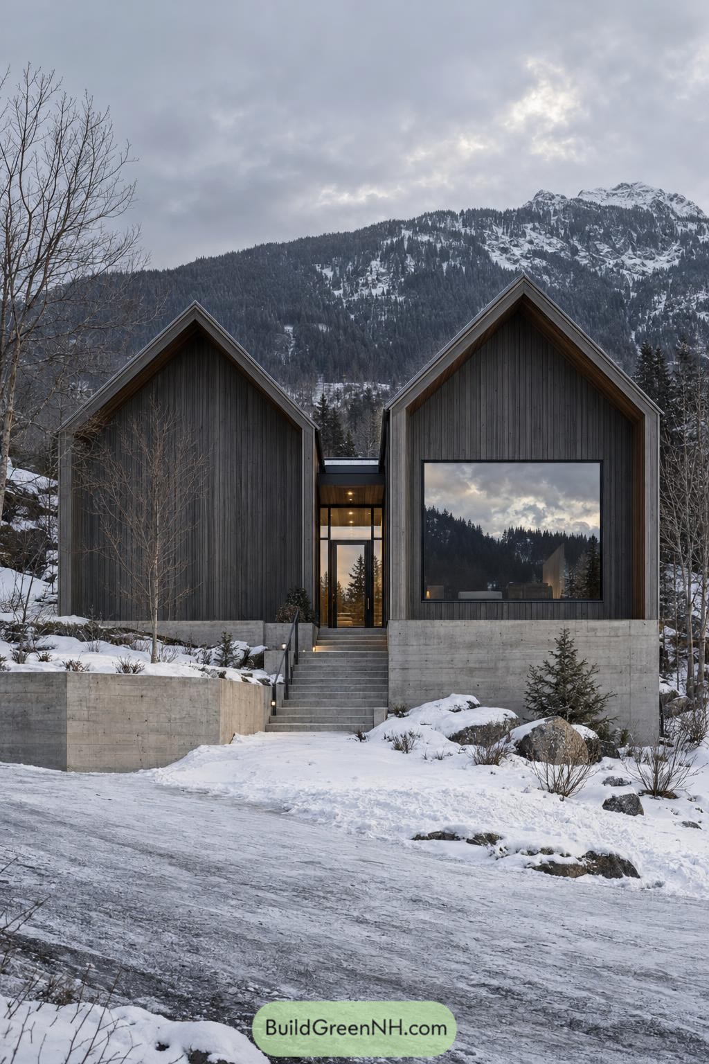 Modern timber house with twin gables, a recessed glass entrance, a large square window, and concrete steps in a snowy mountain setting