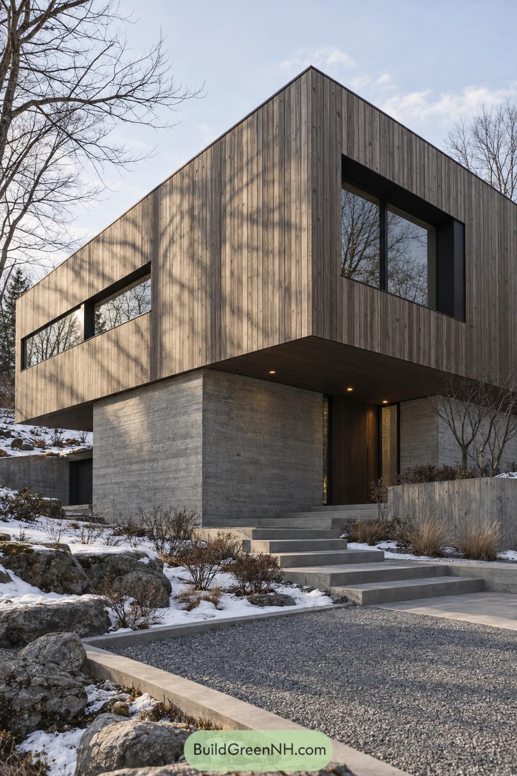 Modern home with vertical timber cladding cantilevered over concrete walls and a recessed entrance reached by broad steps