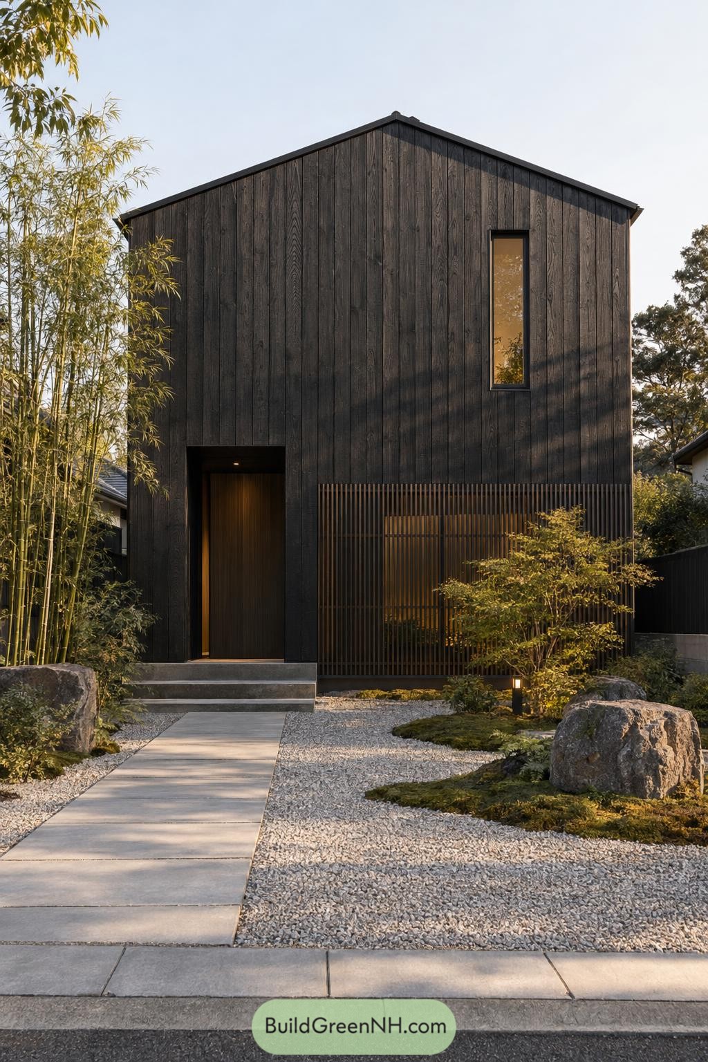 Dark timber house with a peaked roof, recessed entrance, vertical slatted screen, and gravel garden
