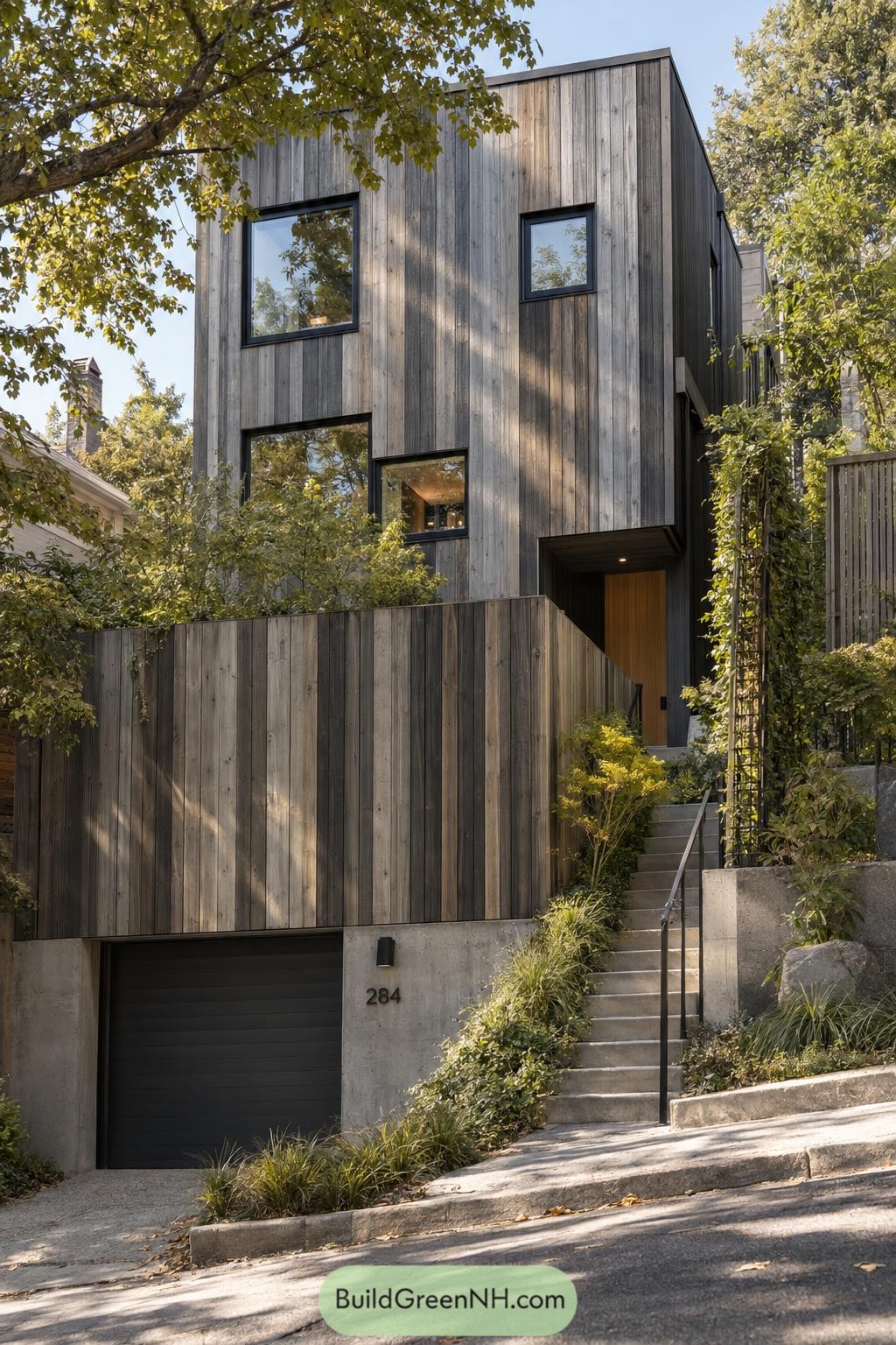 Tall home with gray timber cladding, staggered black windows, a recessed wooden entrance, and concrete stairs beside a garage