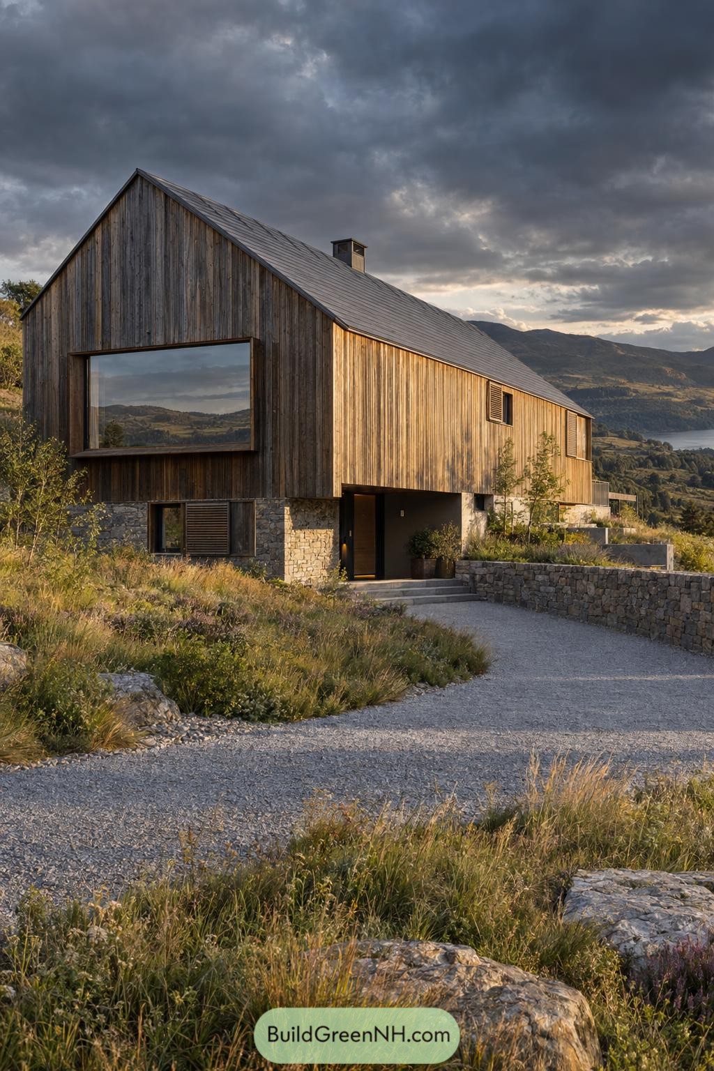 Modern timber house with a pitched roof, large picture window, stone base and recessed entrance beside a gravel approach