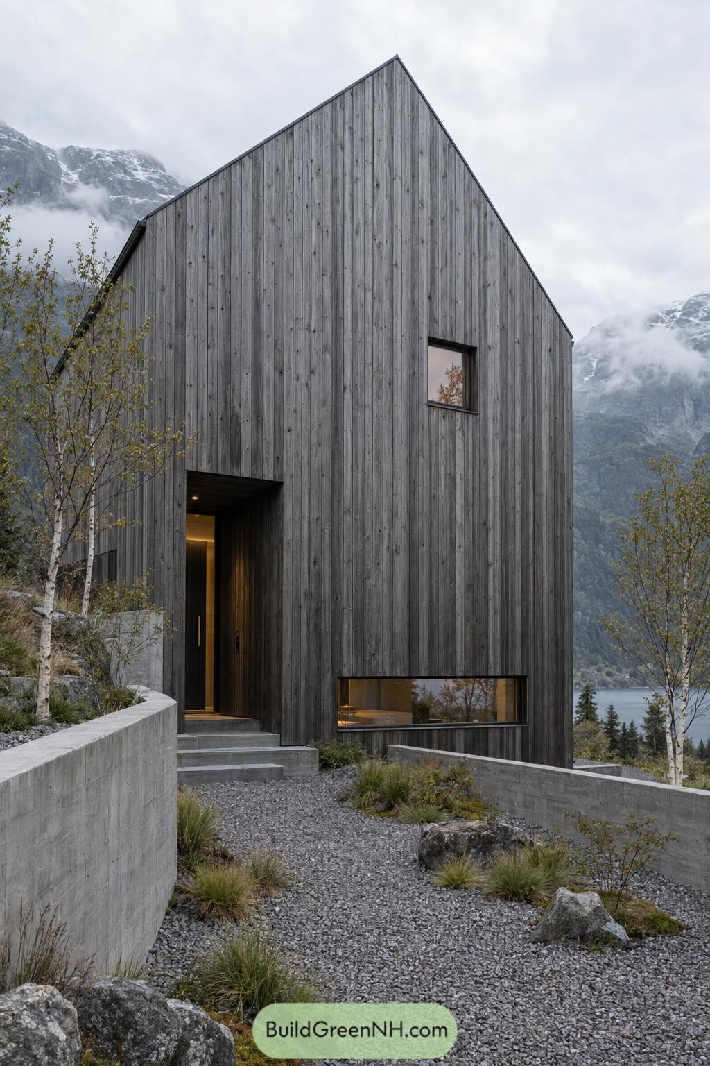 Tall gabled house with grey vertical timber cladding, recessed entrance, narrow windows and concrete garden walls