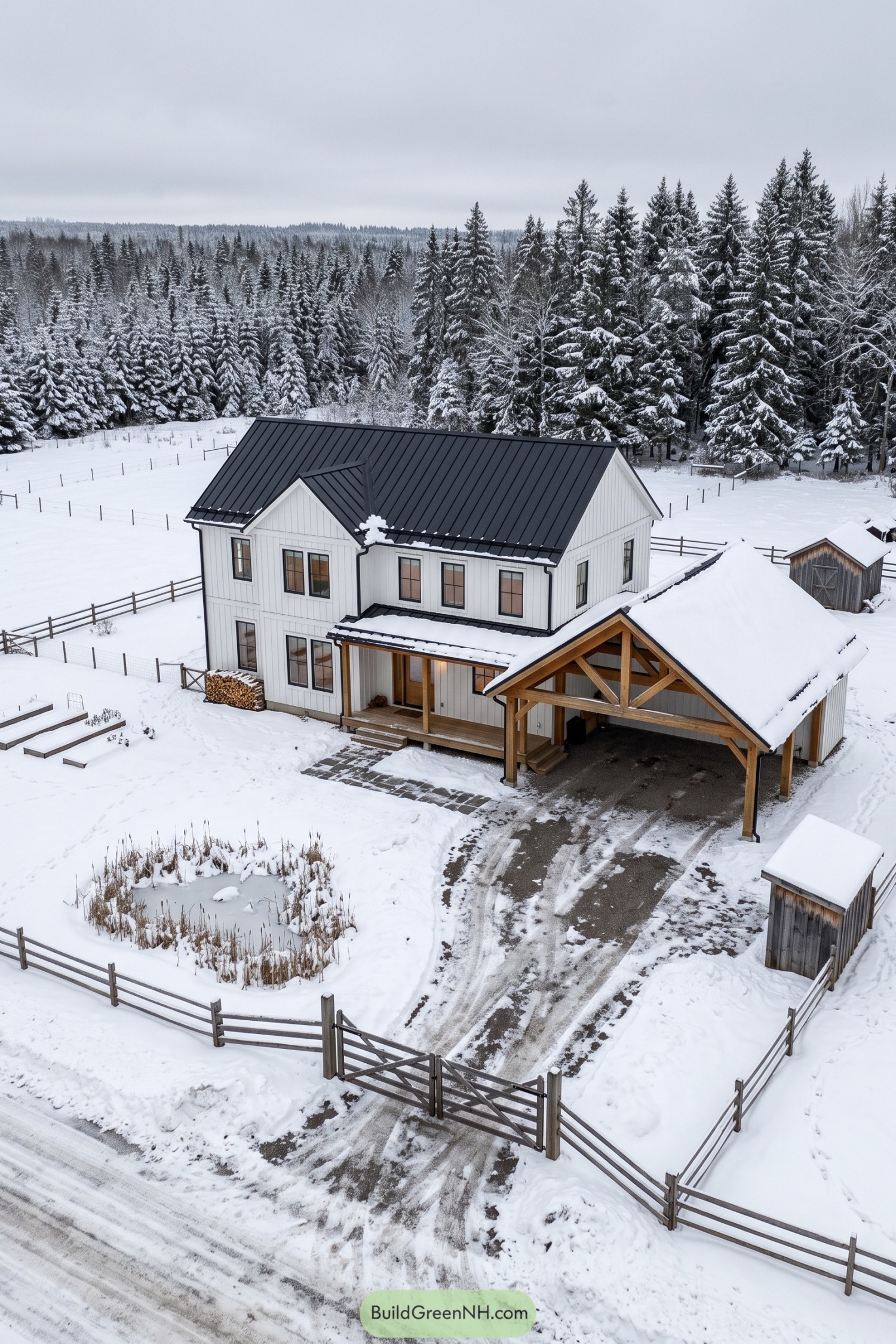 White Nordic farmhouse with a black metal roof and timber carport surrounded by snow and fenced grounds