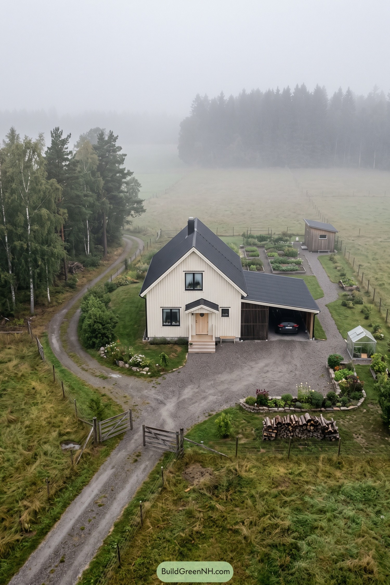 Cream Nordic farmhouse with a steep dark roof, timber carport, gravel drive, and vegetable beds