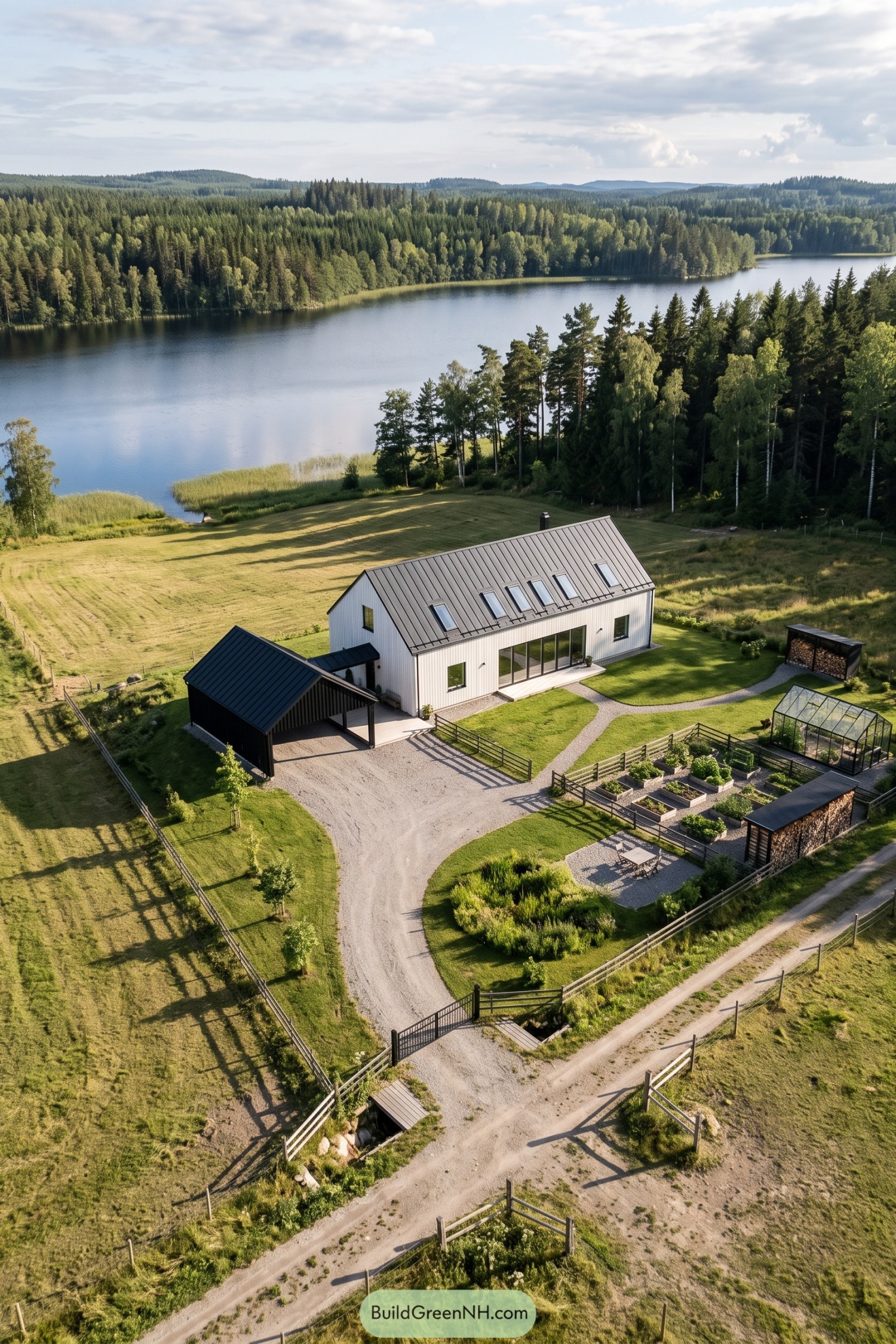 White Nordic farmhouse with a gray metal roof, black carport, greenhouse, and fenced vegetable garden beside a lake