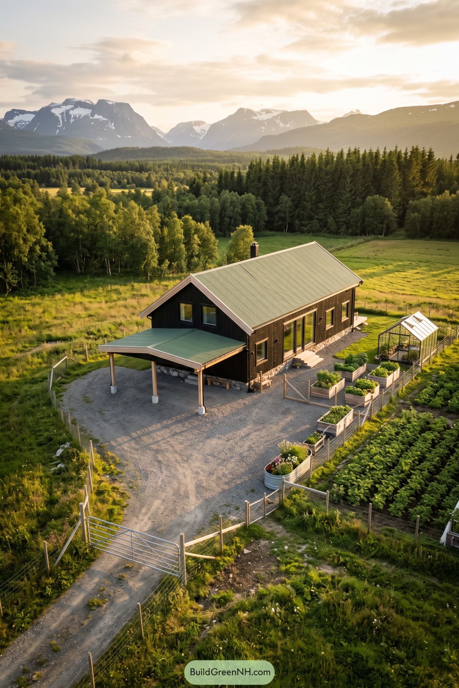 Dark timber farmhouse with a pale metal roof, open canopy, greenhouse, and fenced vegetable garden beneath mountains
