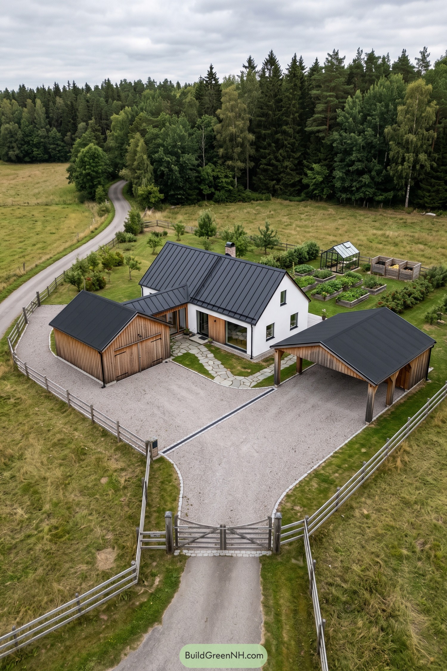 White Nordic farmhouse with timber outbuildings and black metal roofs surrounding a gated gravel forecourt
