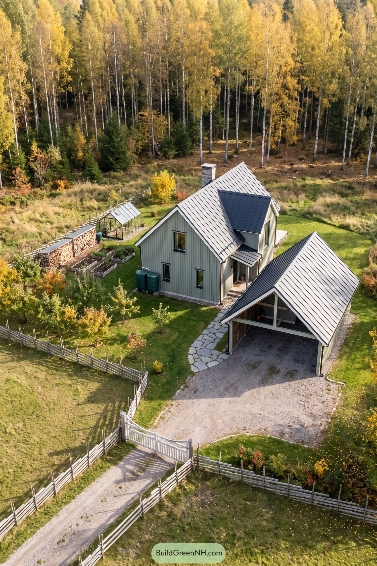 Sage green farmhouse with steep metal roofs, a matching carport, greenhouse, and fenced garden beside autumn birches