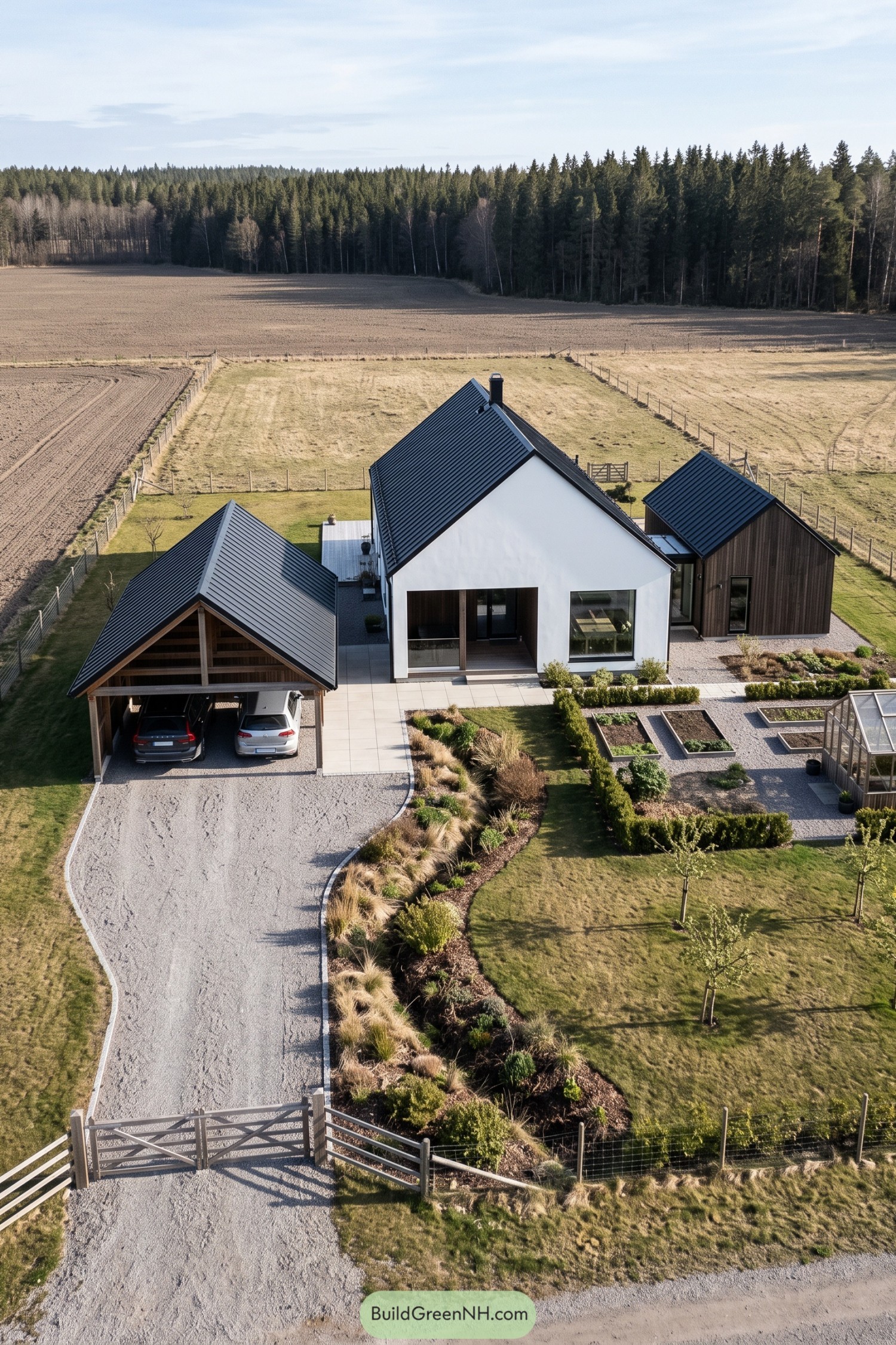 White Nordic farmhouse with black pitched roofs, a timber carport, raised garden beds and a curved gravel driveway