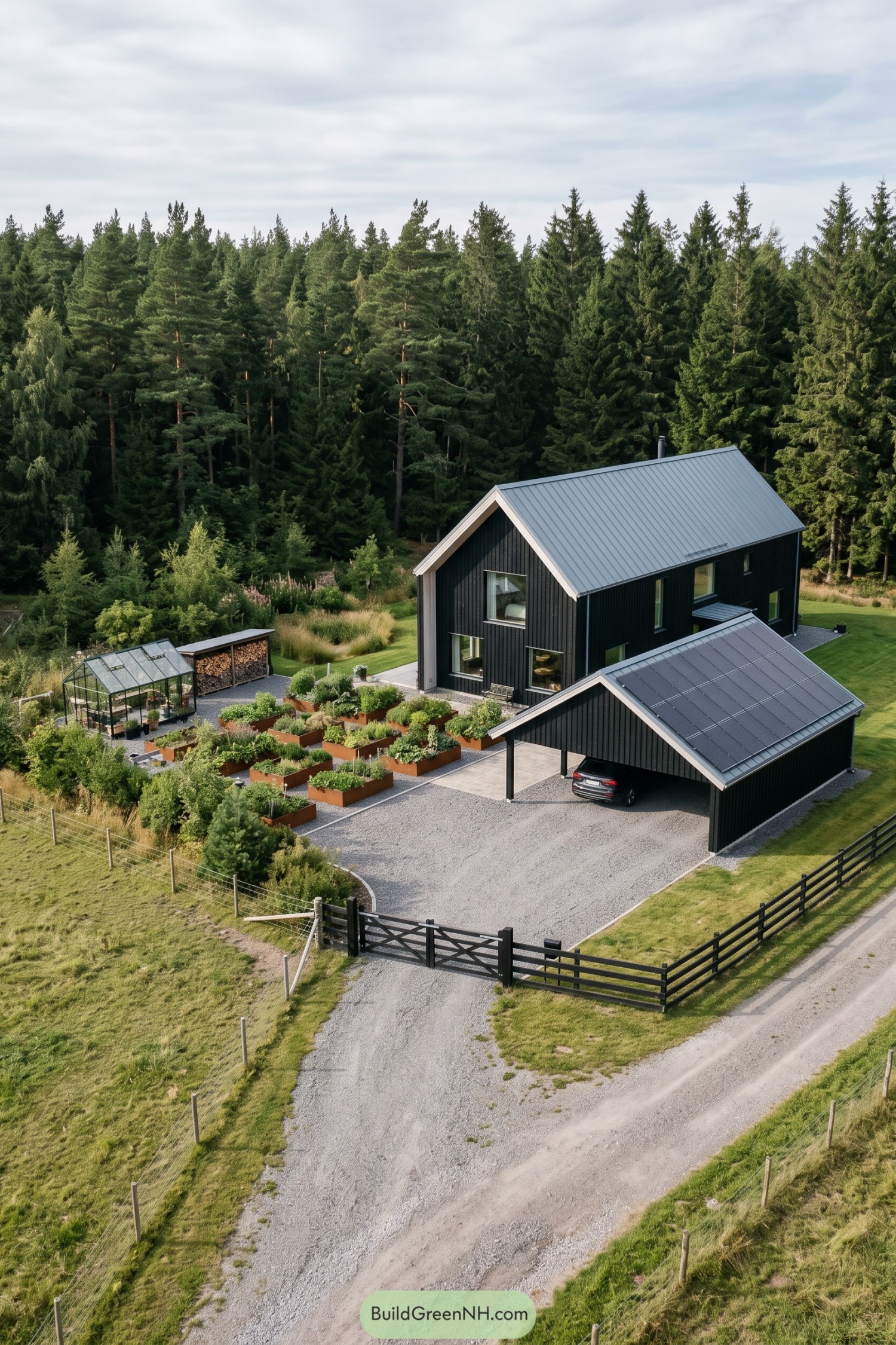 Black timber farmhouse beside woodland with raised vegetable beds, a greenhouse, and a solar panel carport
