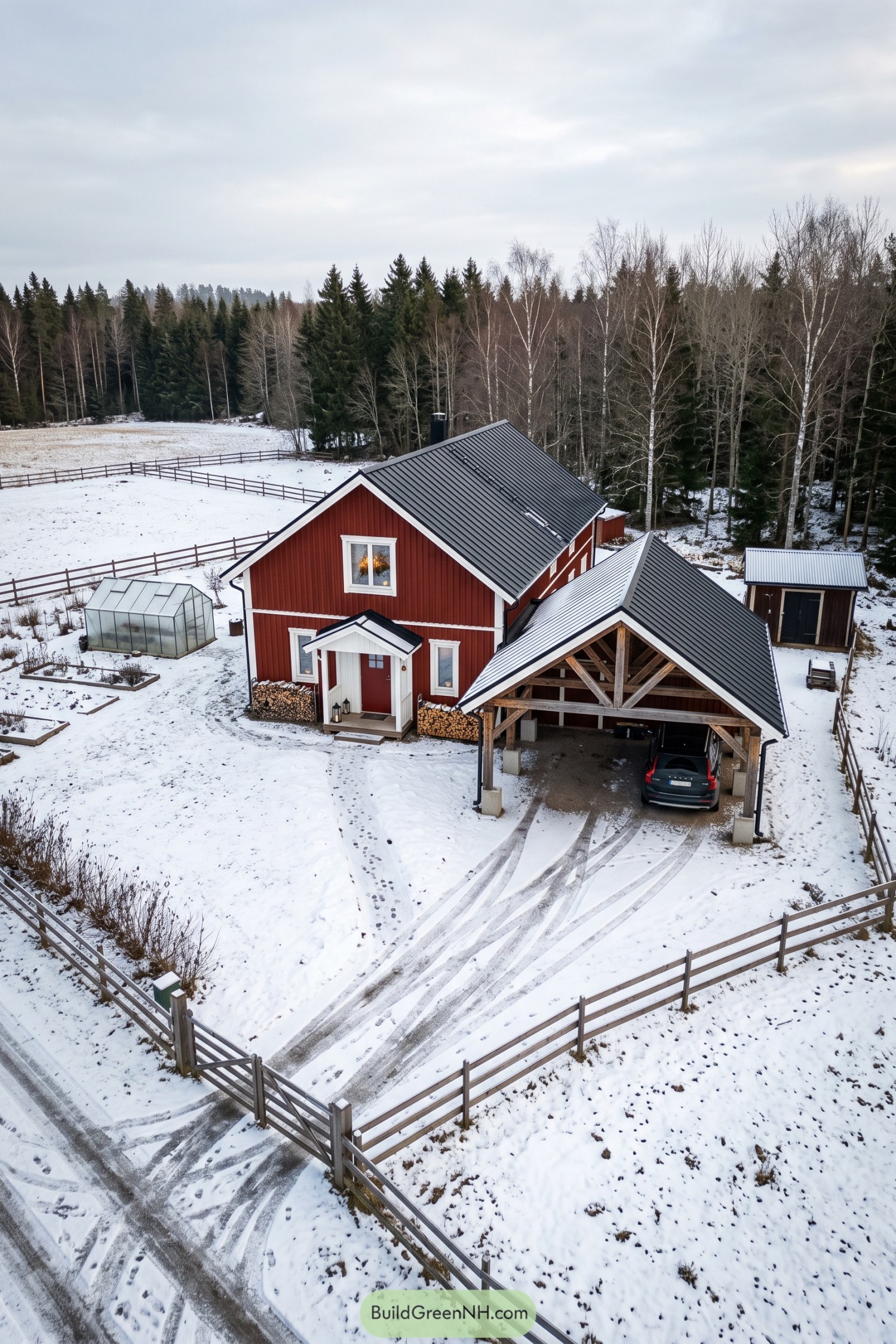 Red Nordic farmhouse with white trim and a timber carport beside a greenhouse in a snowy fenced yard