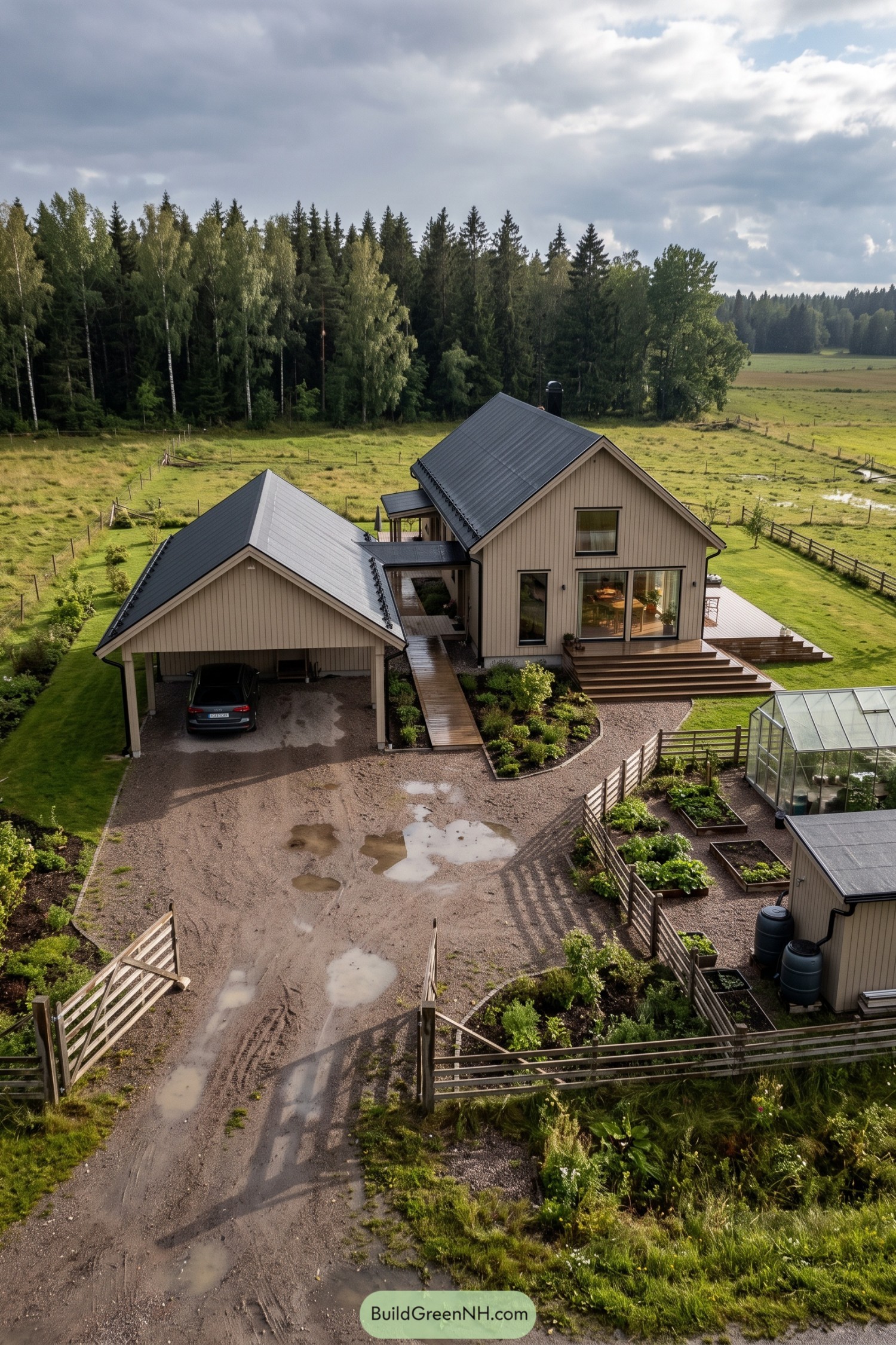 Beige Nordic farmhouse with steep metal roofs a matching carport timber decks and a fenced vegetable garden beside woodland