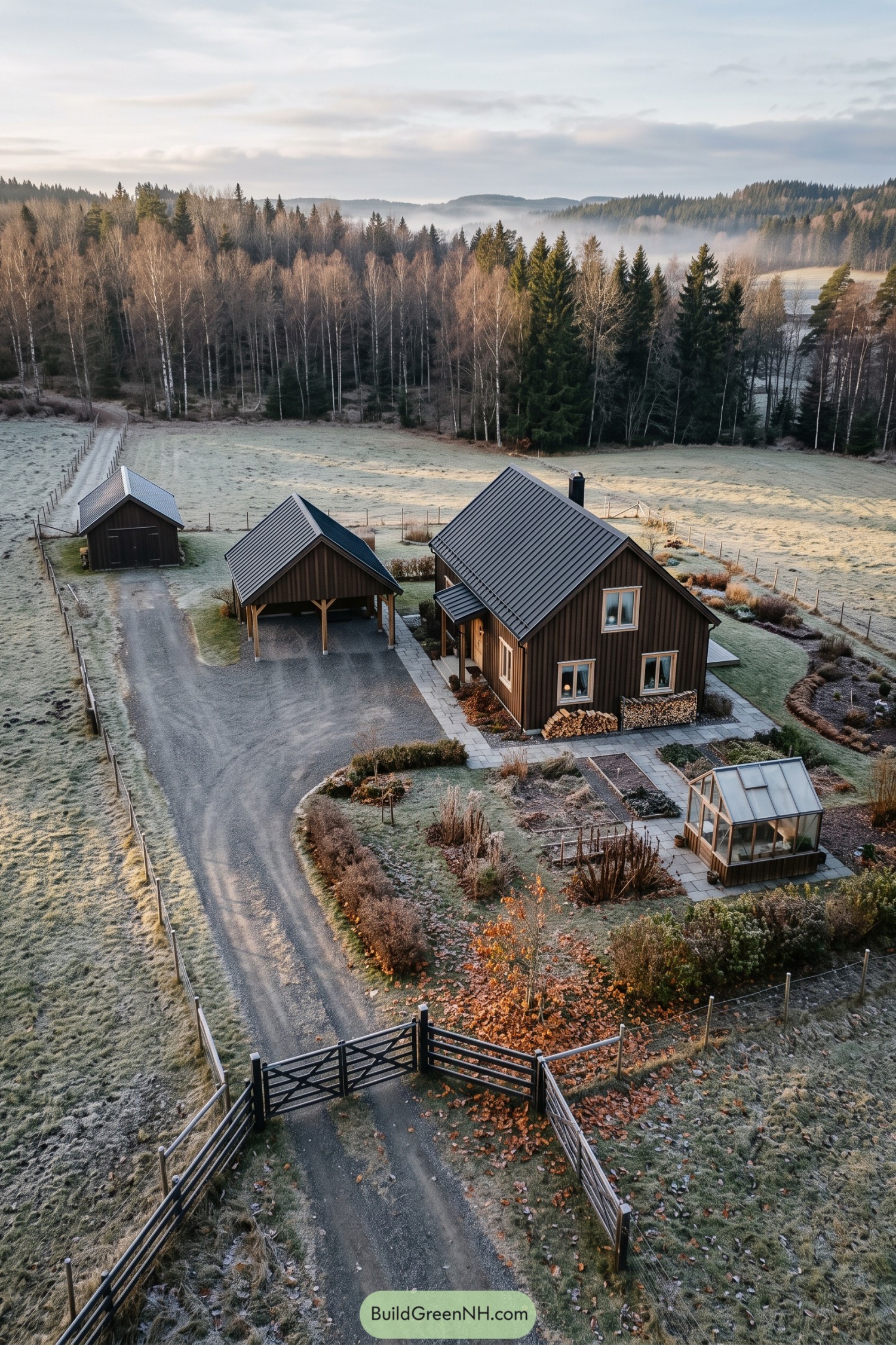 Dark timber farmhouse with matching outbuildings, a small greenhouse and garden beds beside frosted woodland