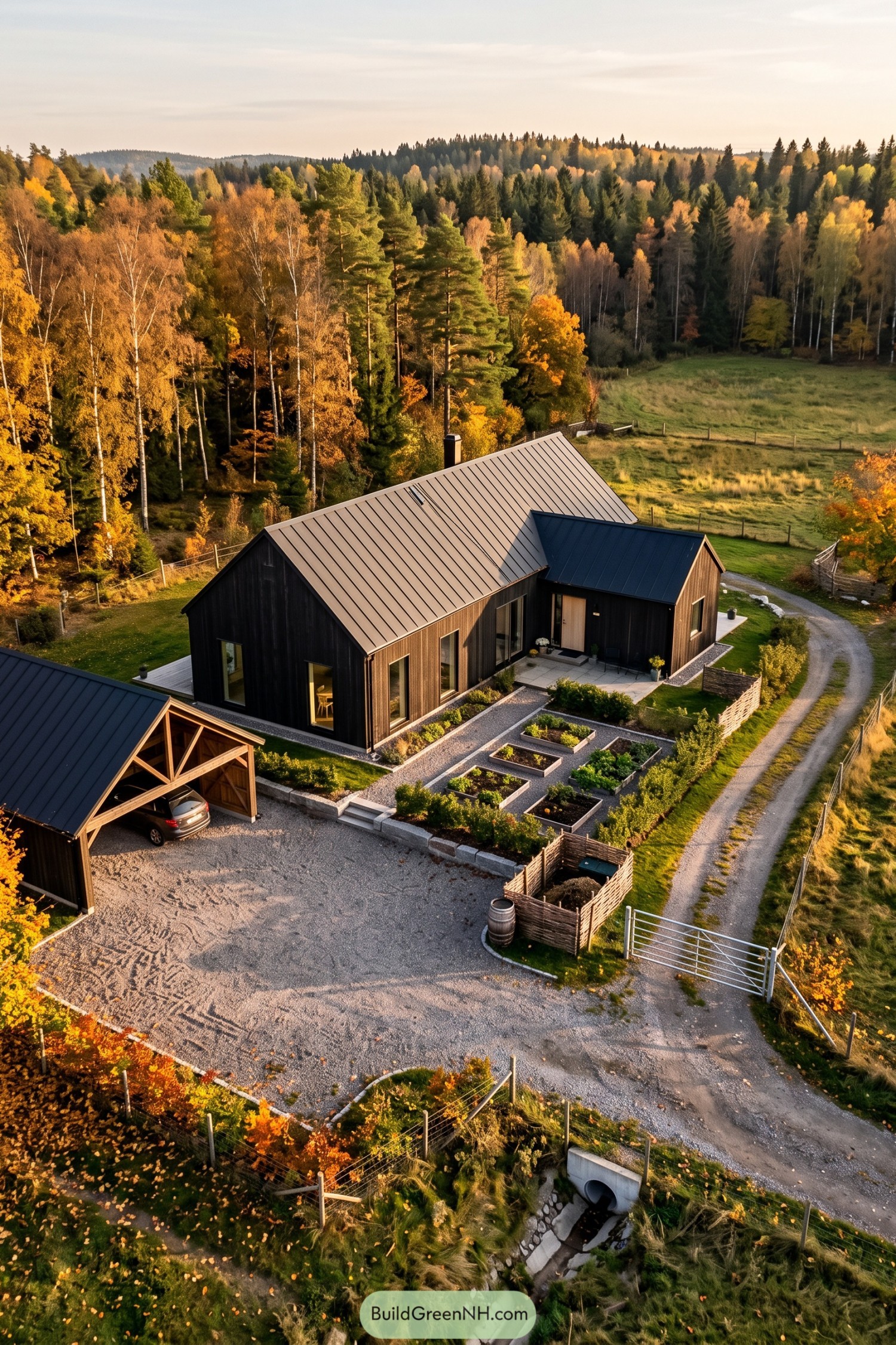 Dark timber Nordic farmhouse with metal roofs, raised garden beds, and a detached open carport beside woodland