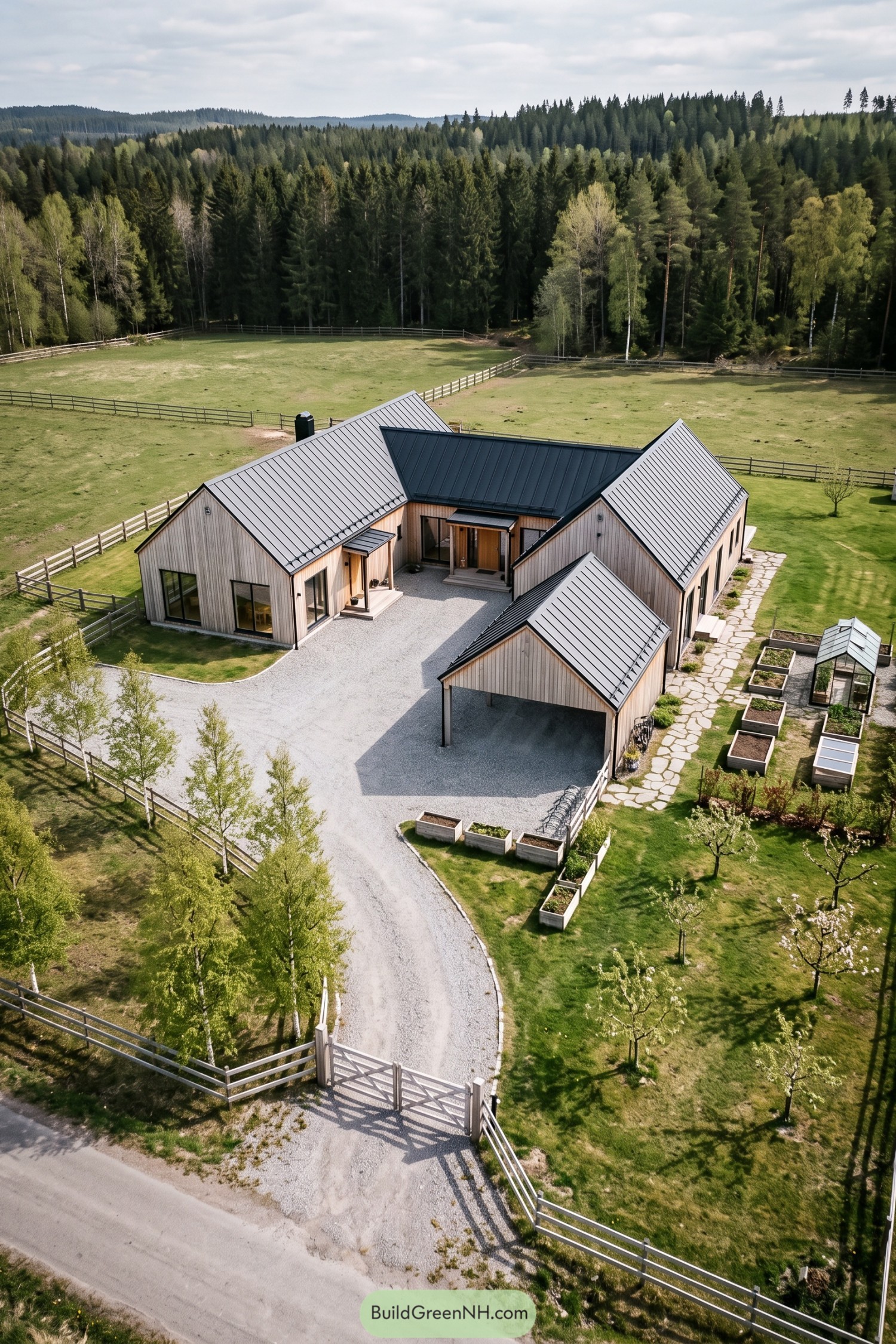 Aerial view of a pale timber farmhouse surrounding a gravel courtyard with metal roofs an open carport and fenced gardens