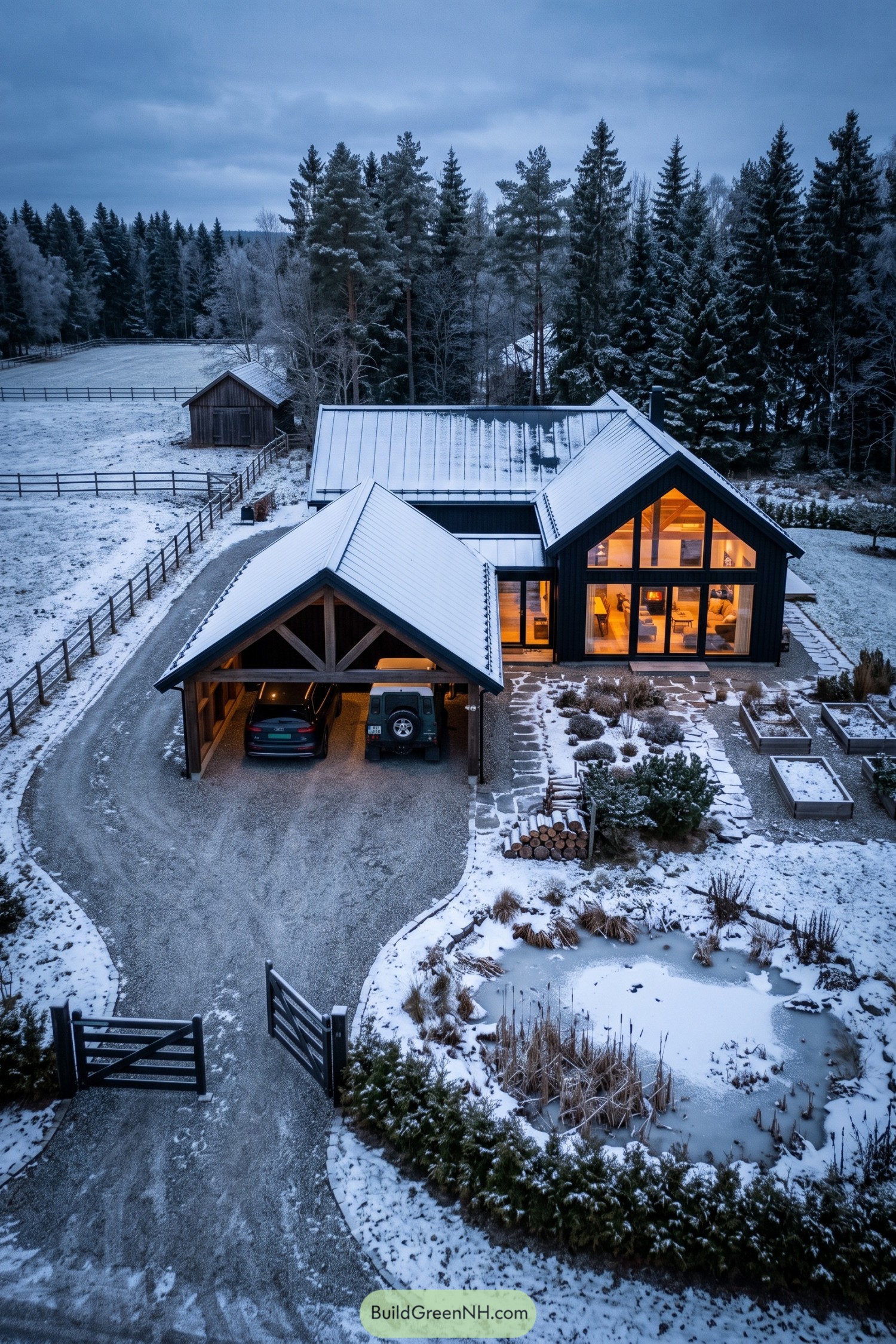 Black Nordic farmhouse with a glazed gable and timber carport beside snowy gardens and pine forest