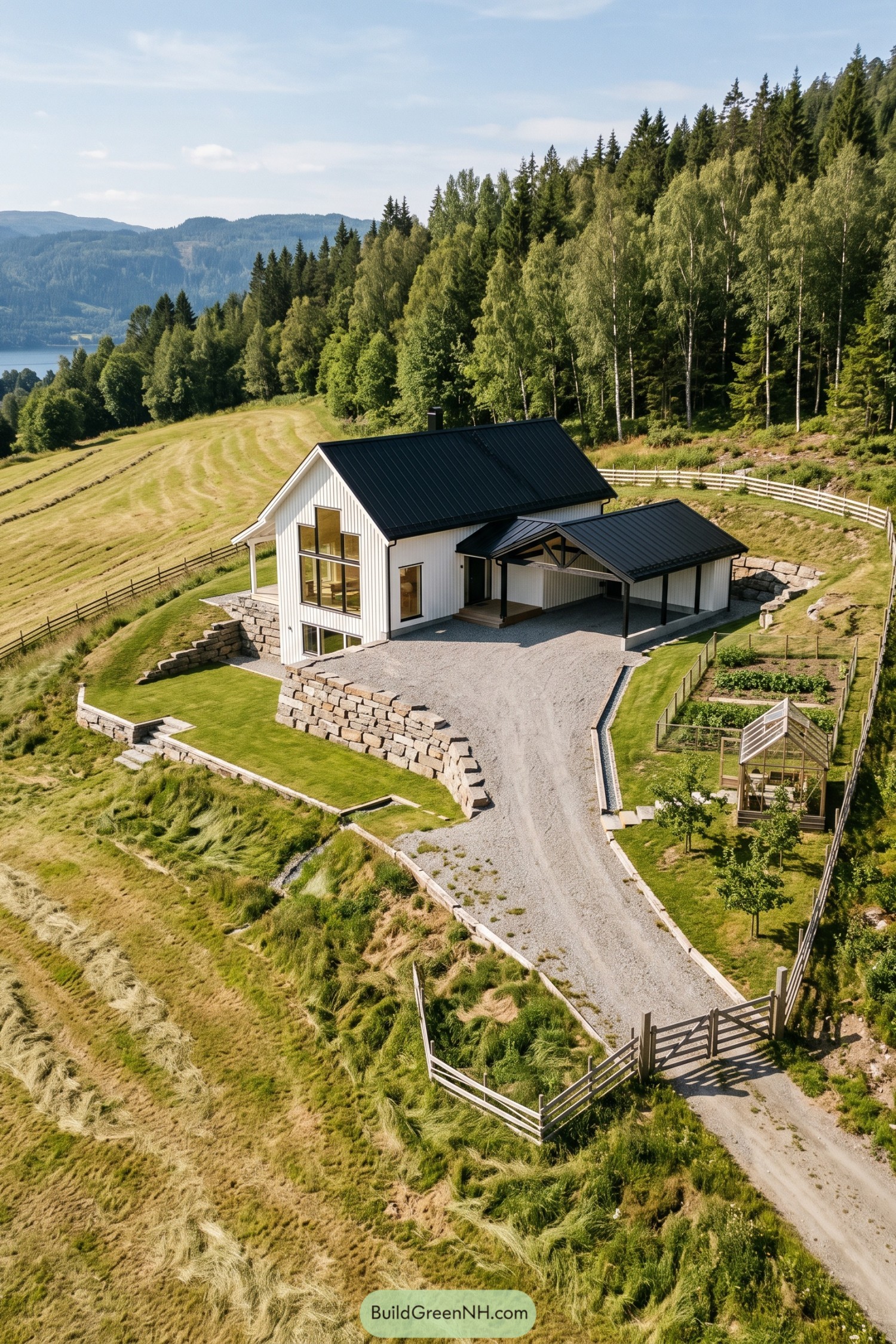 White hillside farmhouse with black metal roofs, stone terraces, a covered carport, and a greenhouse beside vegetable beds