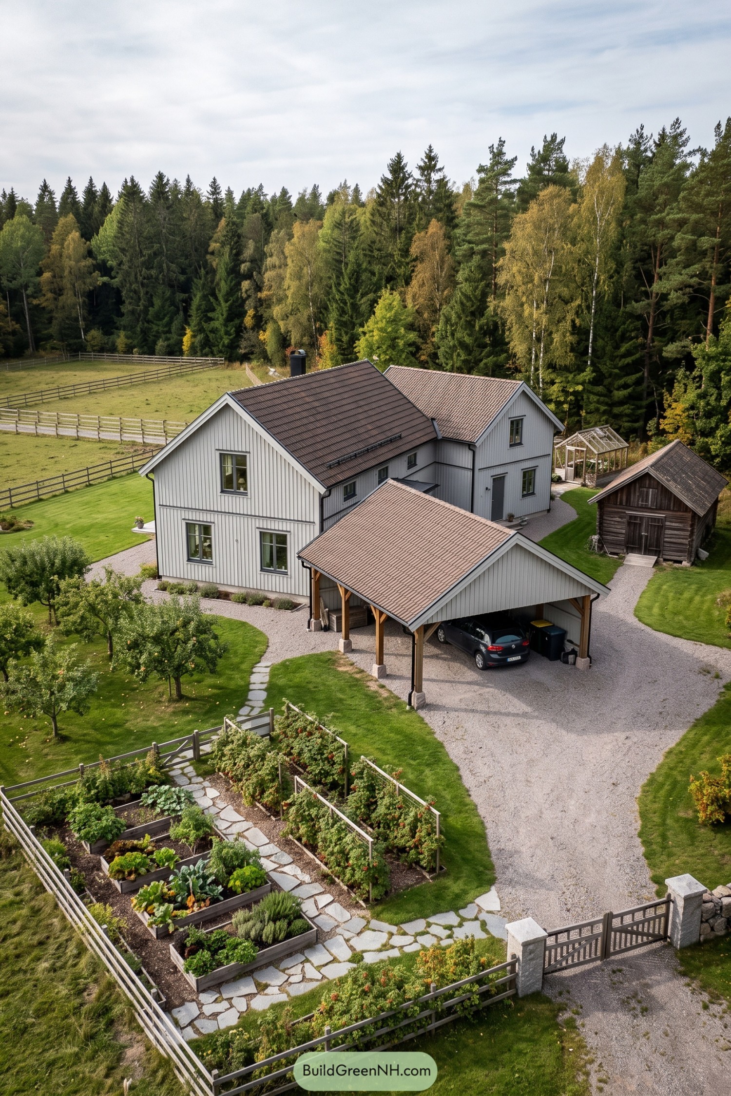 Grey Nordic farmhouse with tiled roofs, an open timber carport, raised vegetable beds and a gravel drive