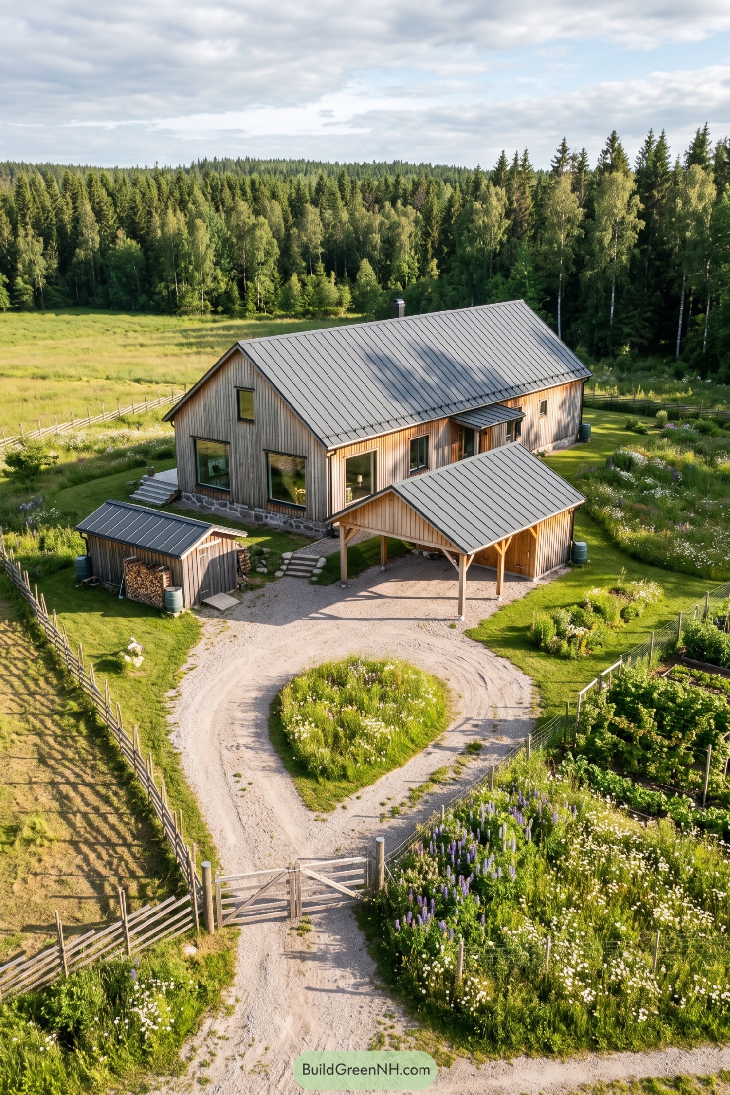 Timber farmhouse with a gray metal roof, stone base, open carport, and looping gravel drive bordered by wildflowers