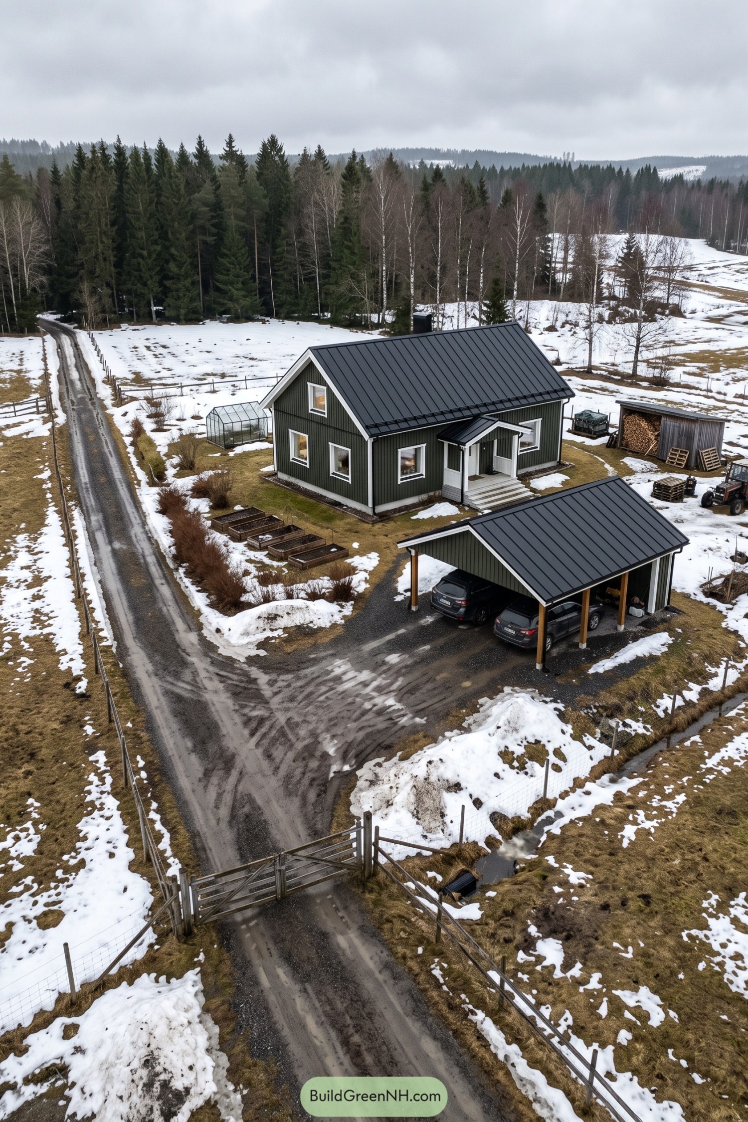 Dark green Nordic farmhouse with white trim and a matching carport beside snowy fields