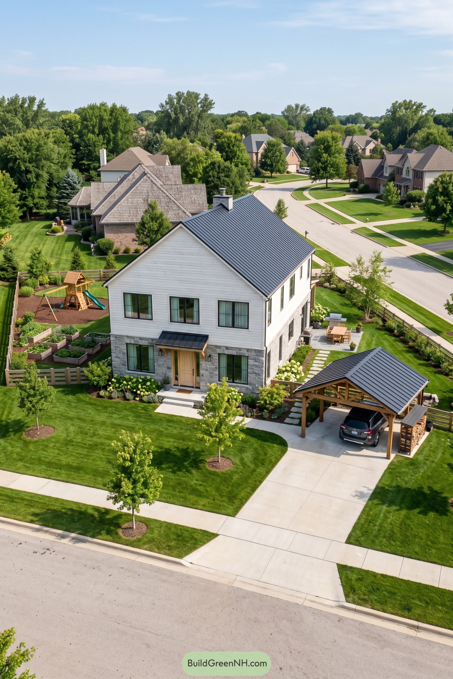 Two-story Nordic house with a gray stone base, white siding, black metal roof, and detached timber carport