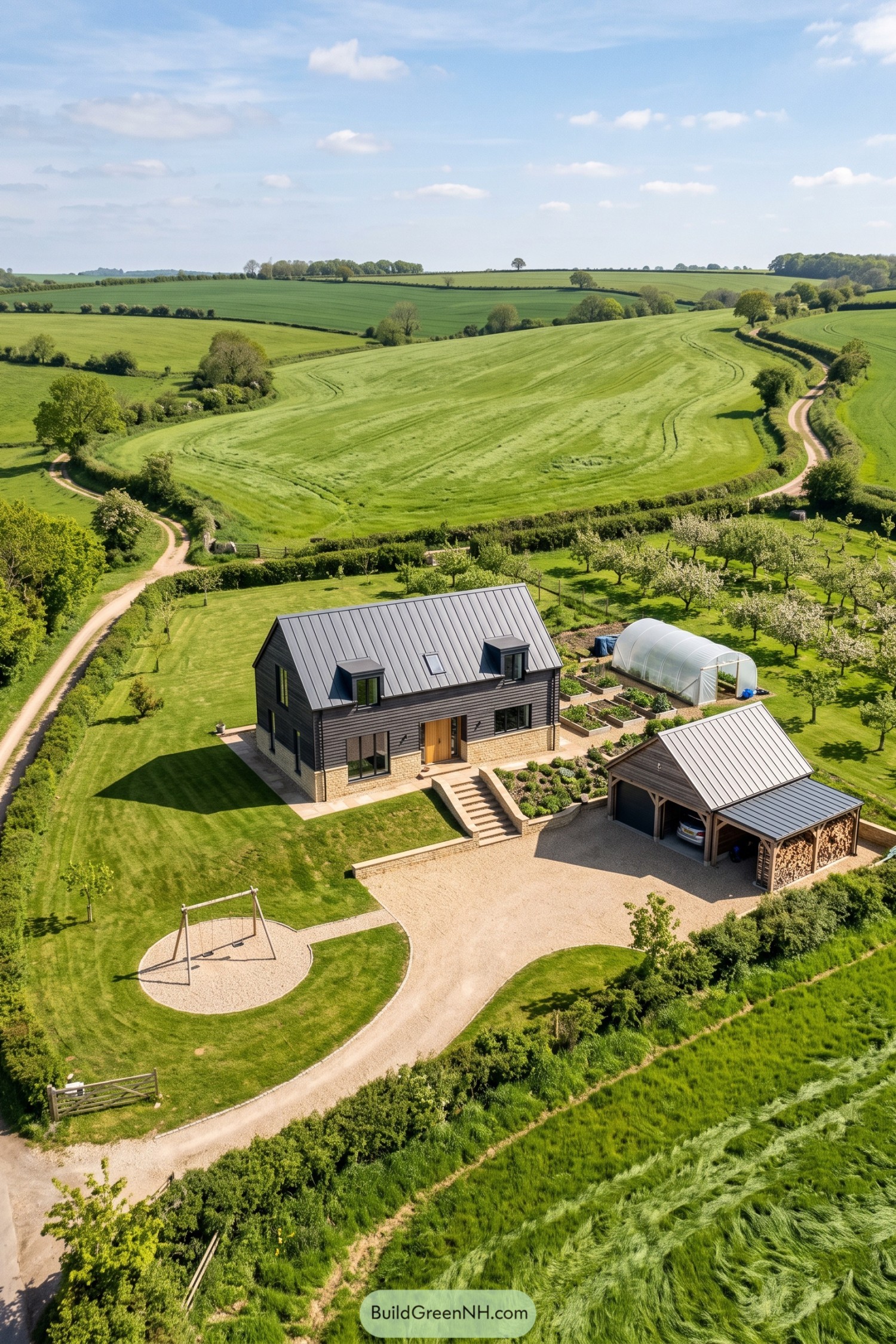 Dark timber house with a pale stone base, twin dormers, metal roof, and detached timber carport beside an orchard
