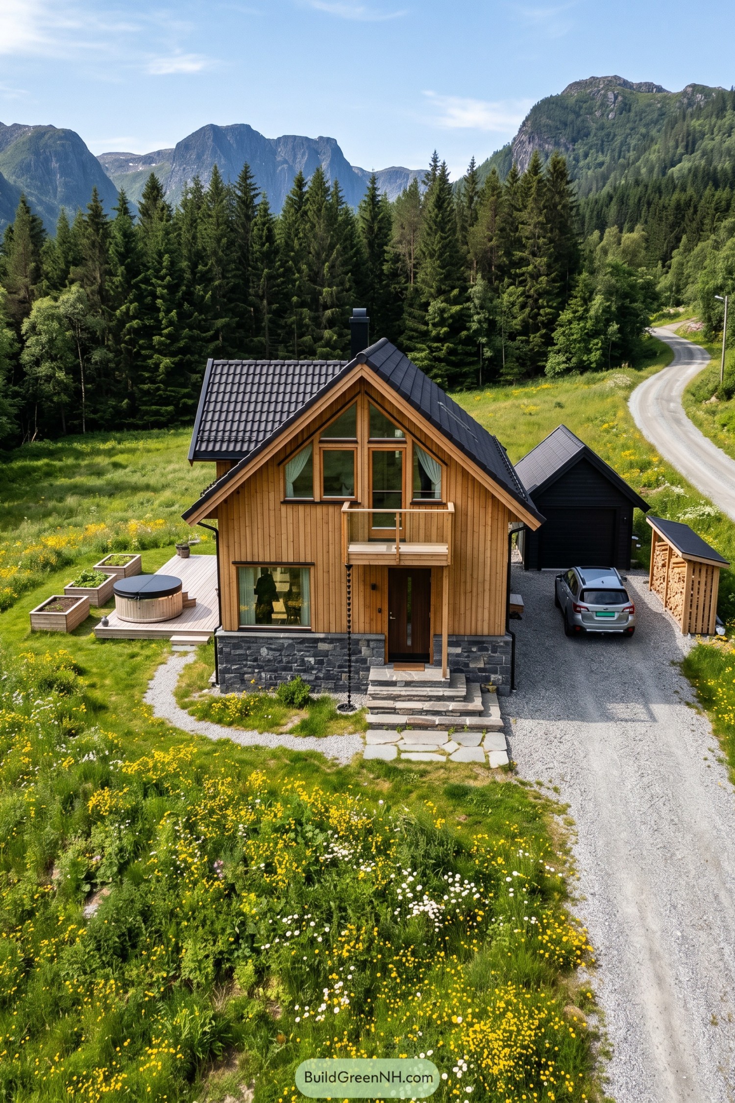Nordic timber house with a dark stone base, steep tiled roof, small balcony, and side deck with a hot tub