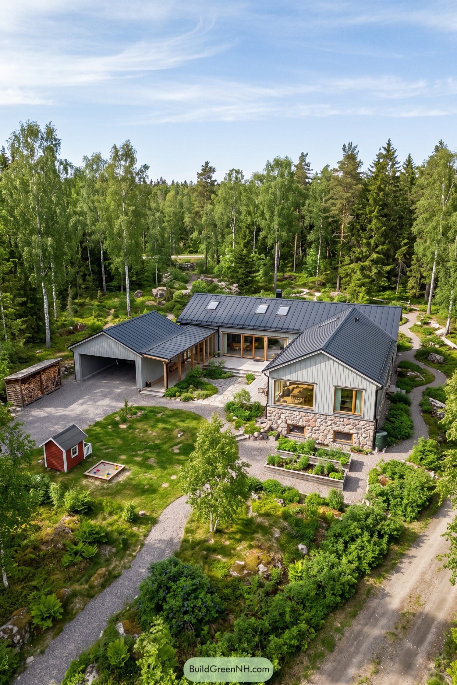 Gray Nordic house with a stone lower level and connected gabled wings surrounding a timber courtyard in woodland