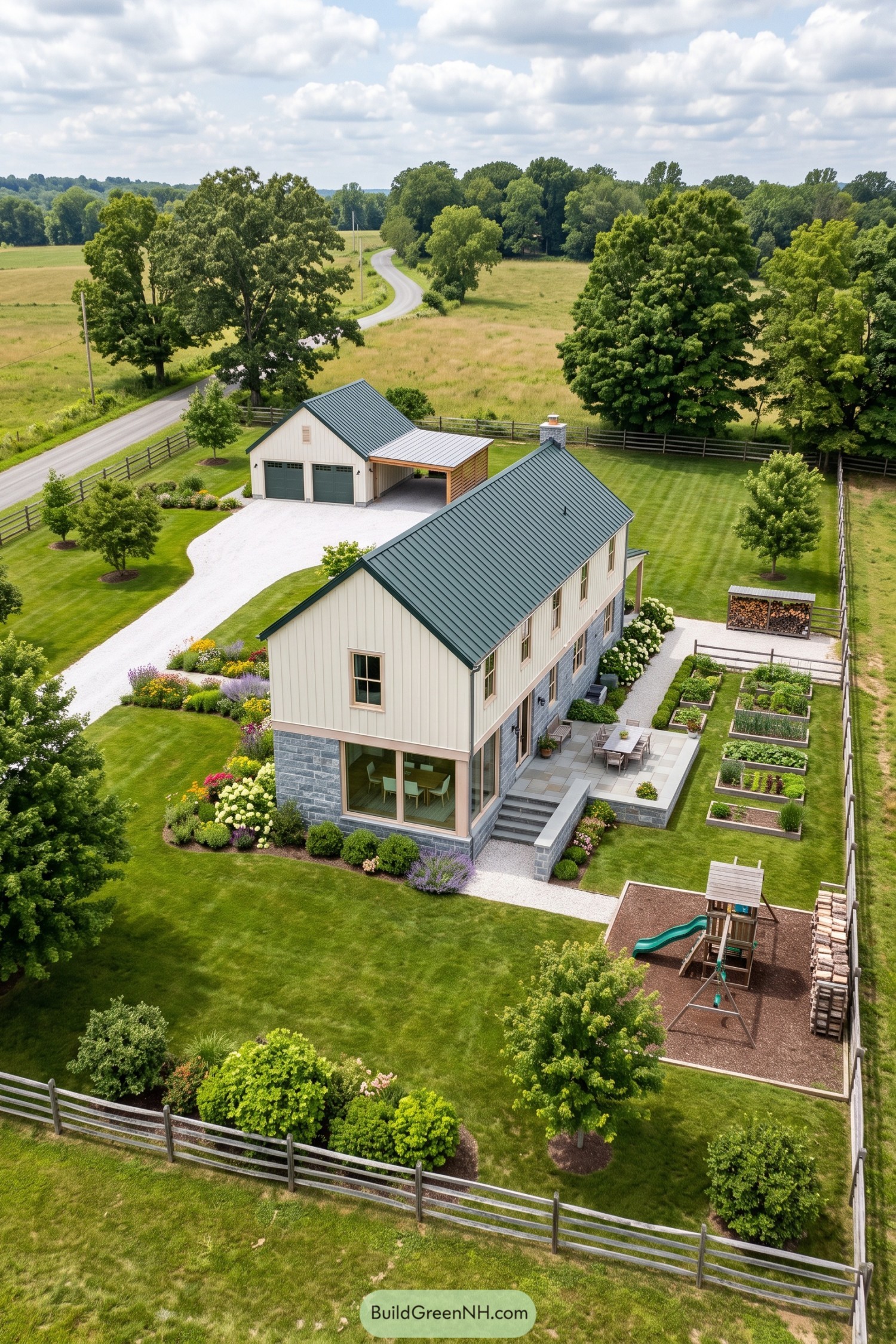Nordic house with cream vertical siding above a gray stone base, a green metal roof, a dining terrace, and raised vegetable beds