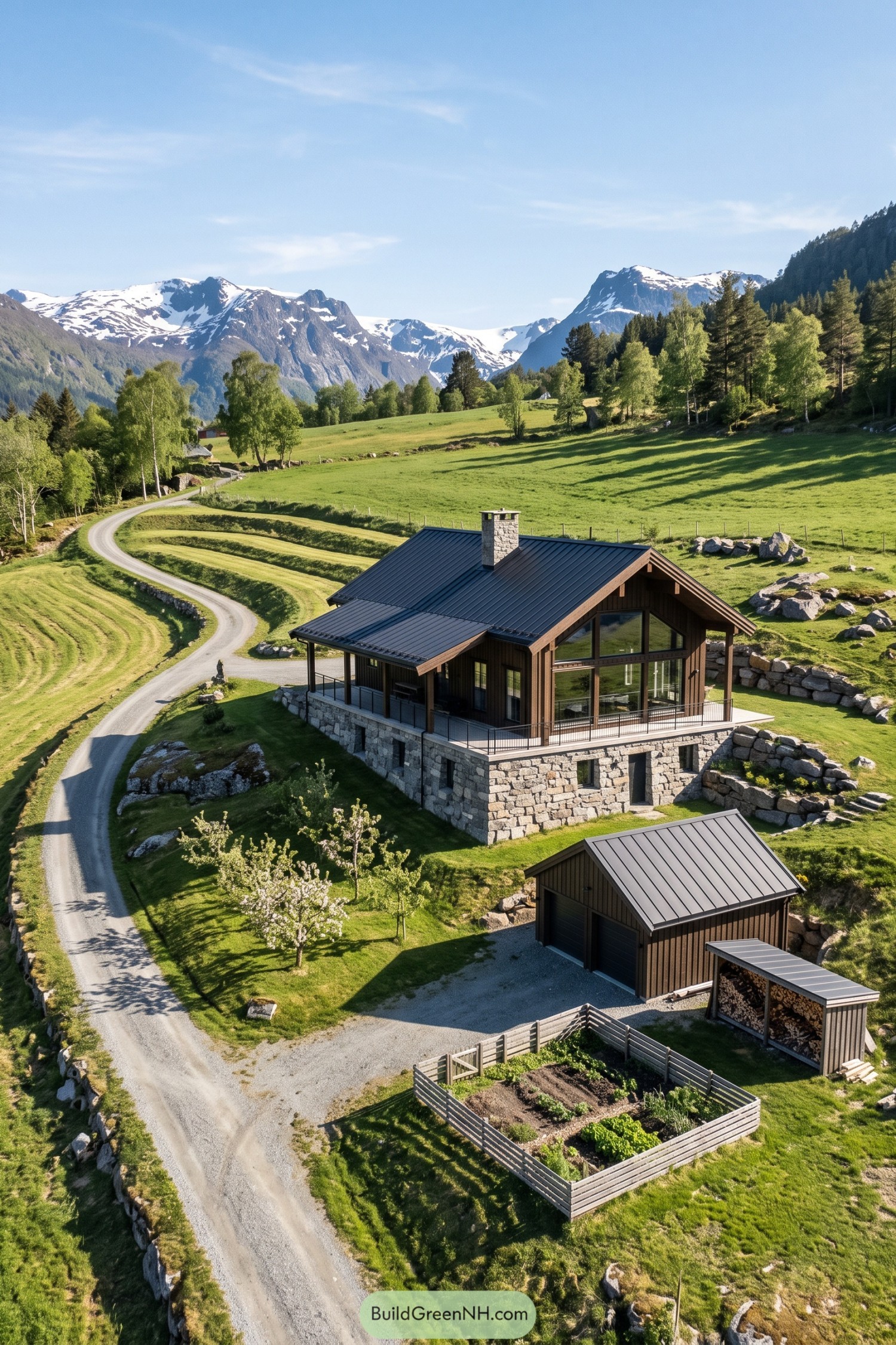 Brown timber Nordic house with a stone lower level, tall gable windows, and a covered terrace overlooking mountain pastures