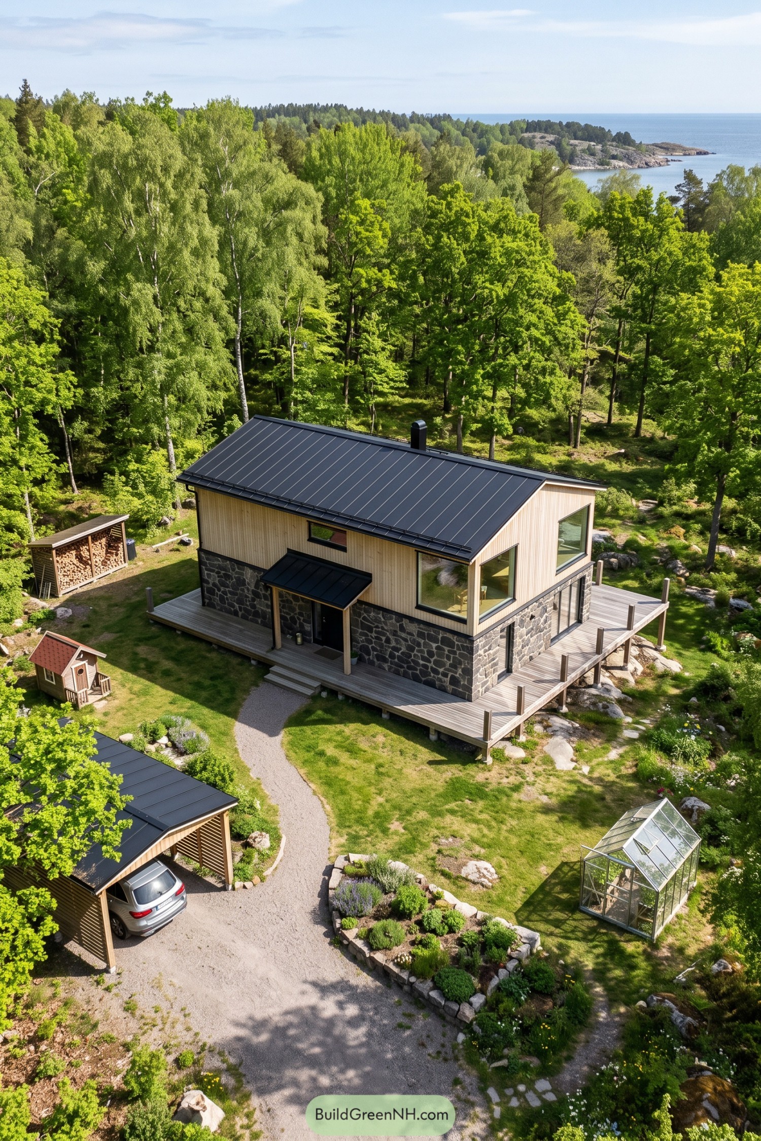 Nordic house with pale timber cladding above a stone base and a wraparound deck in a wooded coastal setting