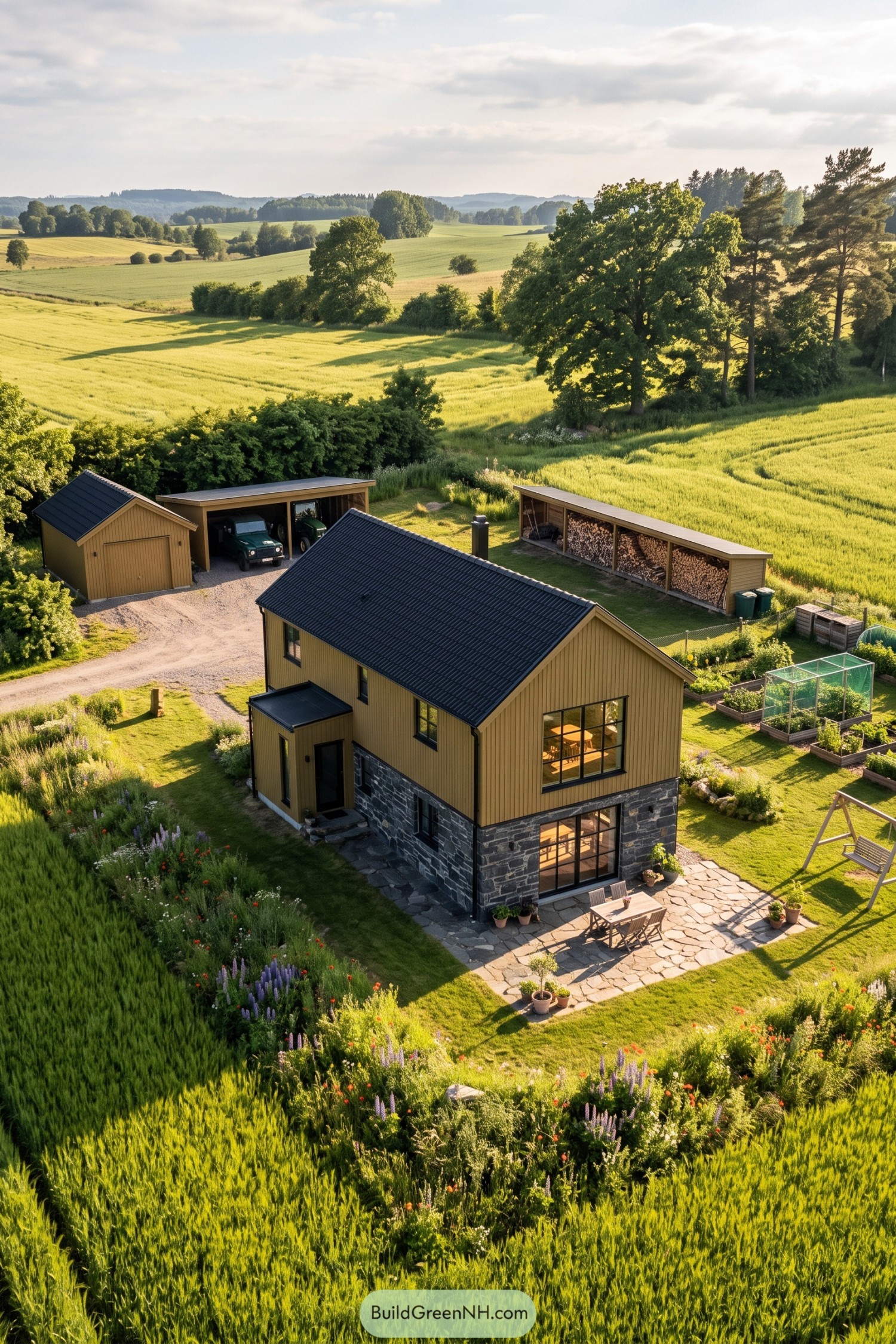 Ochre Nordic house with a gray stone lower level, dark pitched roof, large windows, and a flagstone patio amid fields
