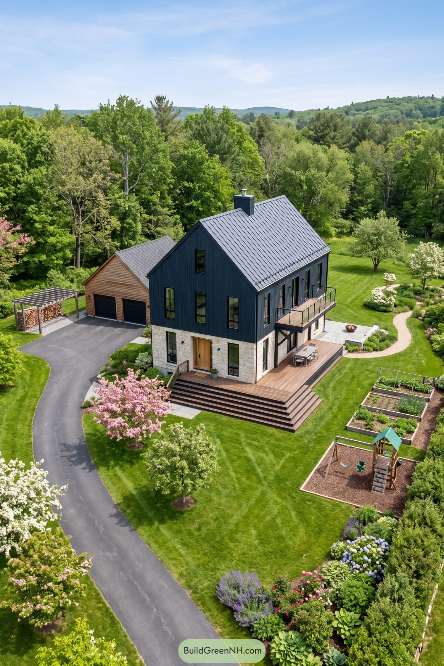 Nordic house with deep blue siding above a pale stone base featuring a metal roof and broad timber steps