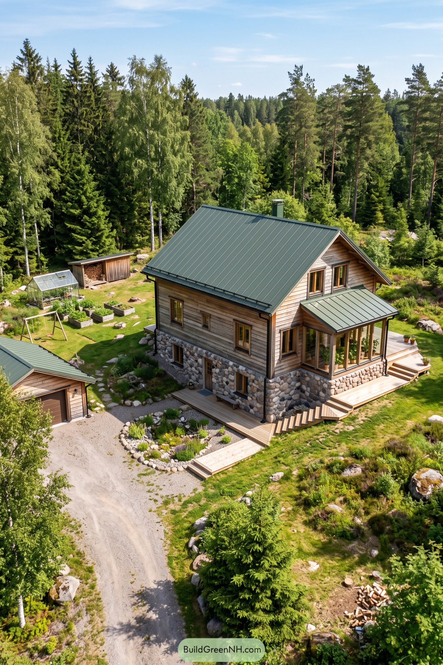 Nordic timber house with a rounded stone base, green metal roof, glazed porch, and stepped wooden decks beside a forest
