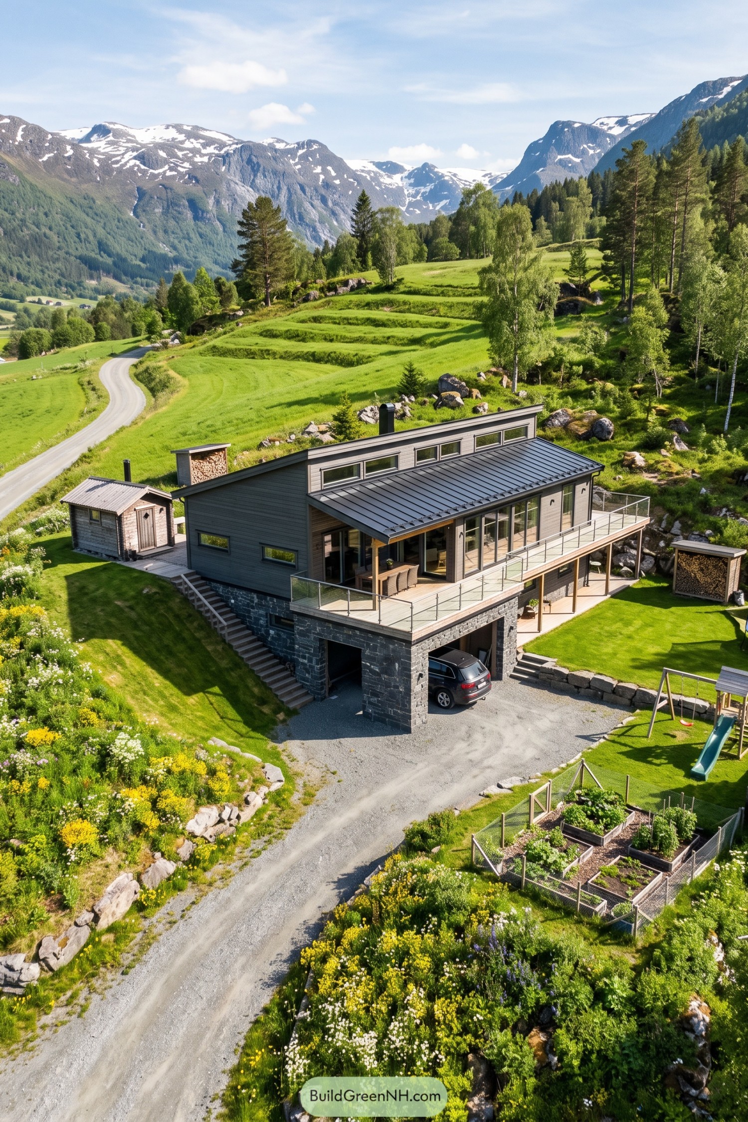 Gray Nordic hillside home with stepped metal roofs, clerestory windows, a glass-railed terrace, and a stone garage level
