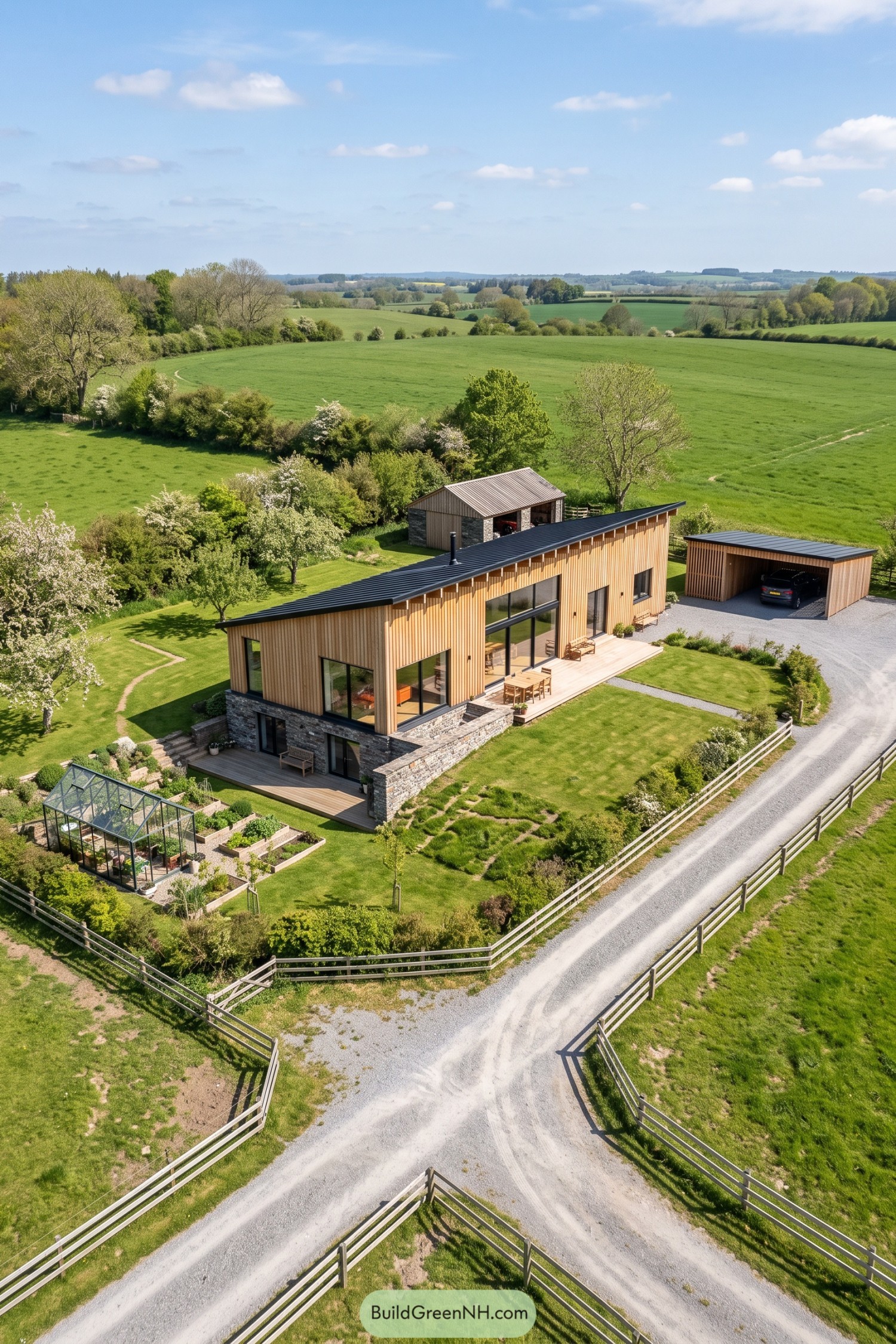 Nordic house with vertical timber cladding, a sloping metal roof, and a stone lower level opening onto terraced gardens